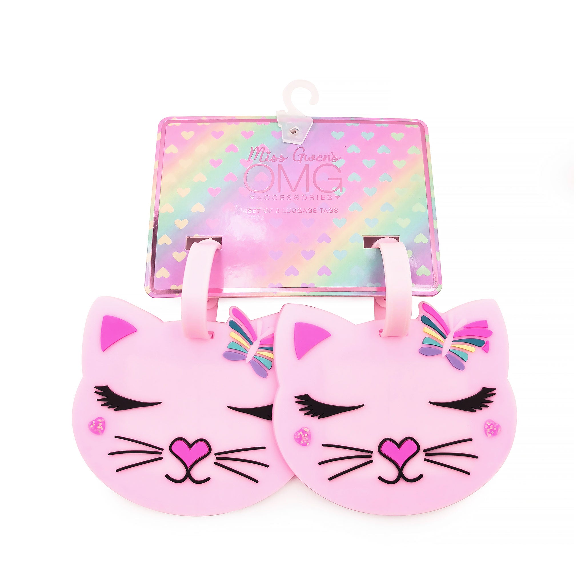 front view of pink silicone kitty cat luggage tag set of 2