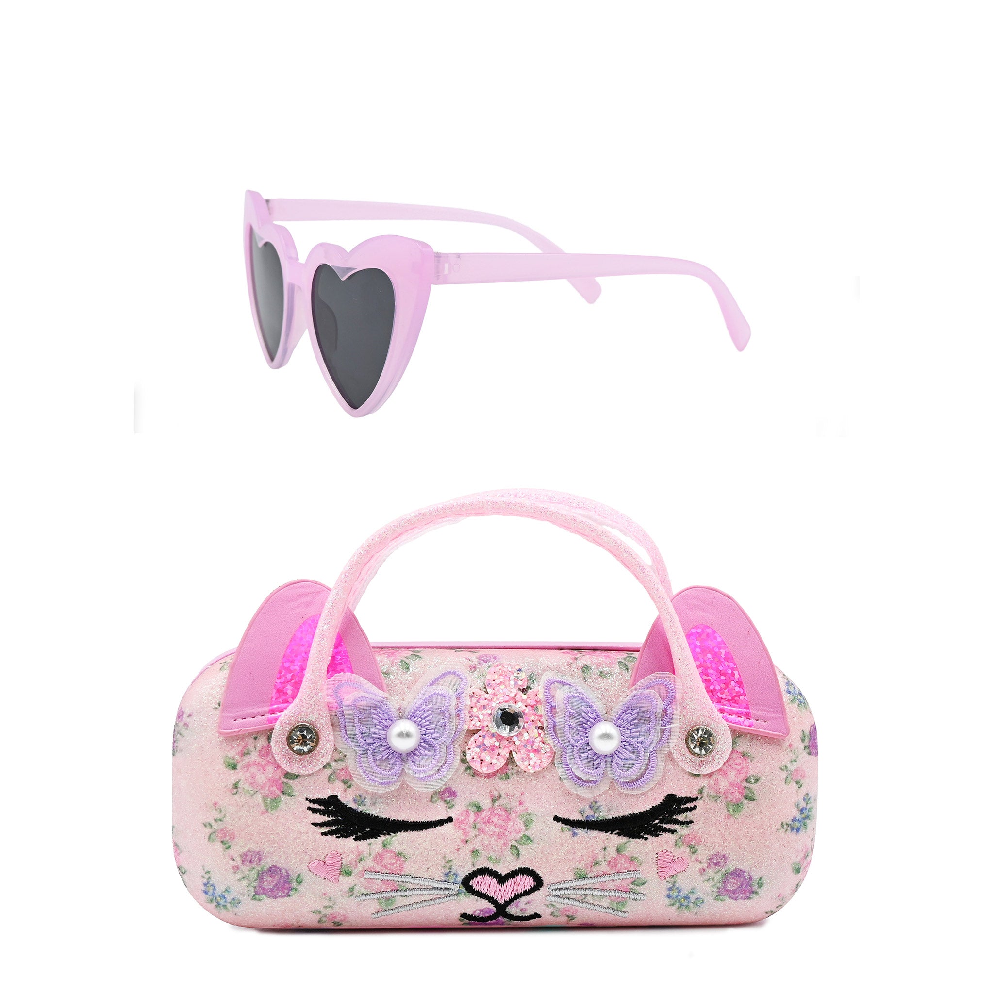 Pink floral cat sunglasses case with butterfly accents and a pair of pink heart-shaped sunglasses on a white background