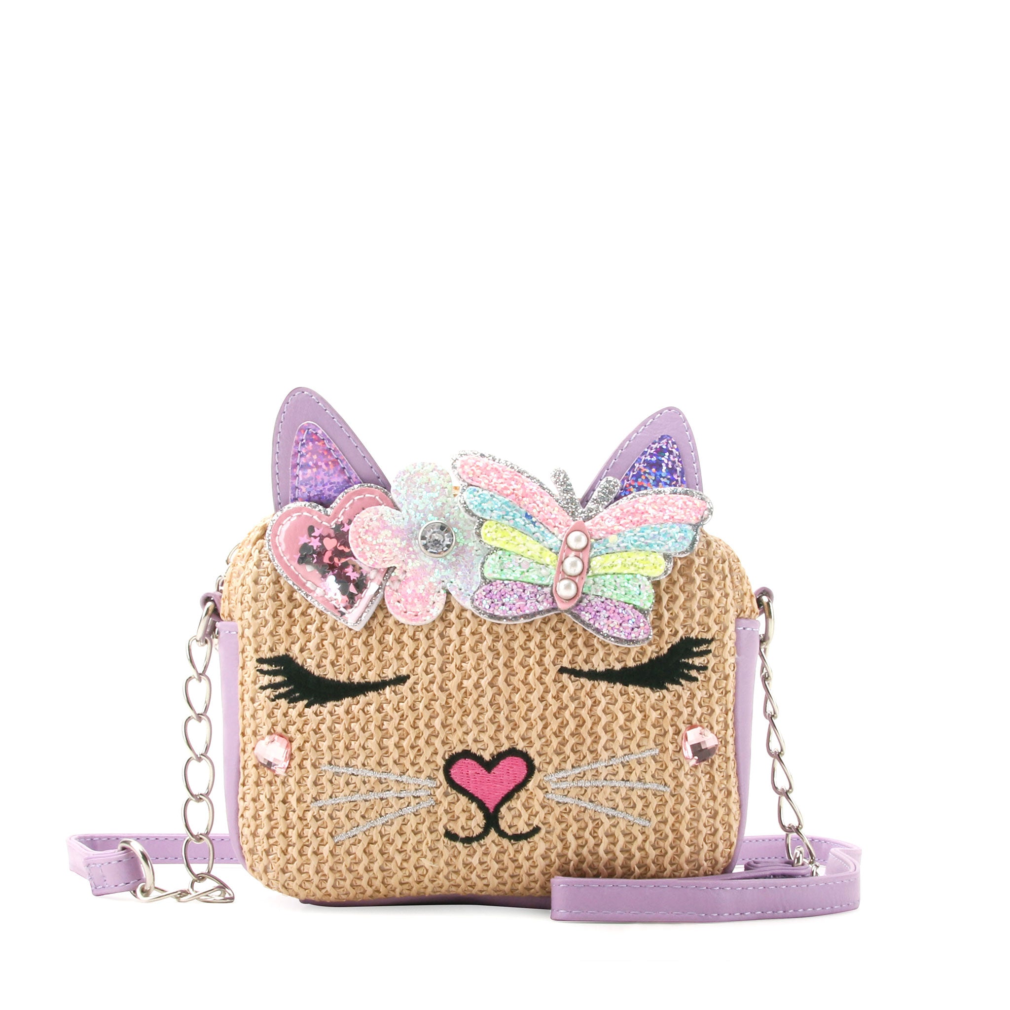 front view of a straw kitty cat face crossbody bag with a glitter butterfly crown