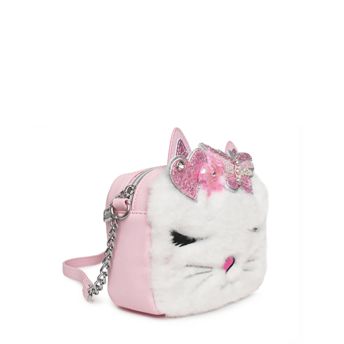 A white faux fur cat-face crossbody bag with embroidered closed eyes, a pink nose, whiskers, and pink sequined bow and butterfly embellishments on the top, shown on a plain white background.