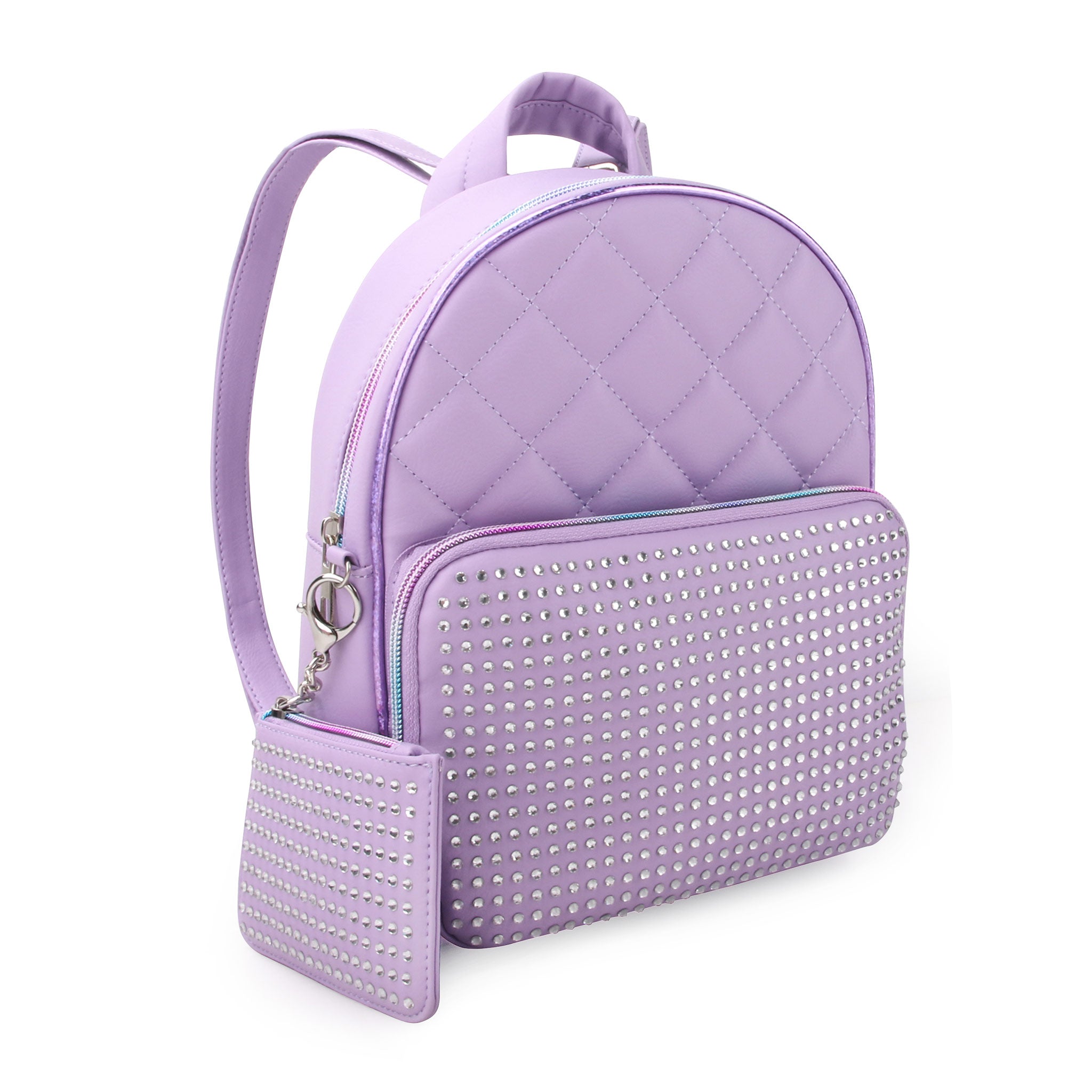 Side view of purple quilted mini backpack covered in rhinestones with rhinestone coin purse