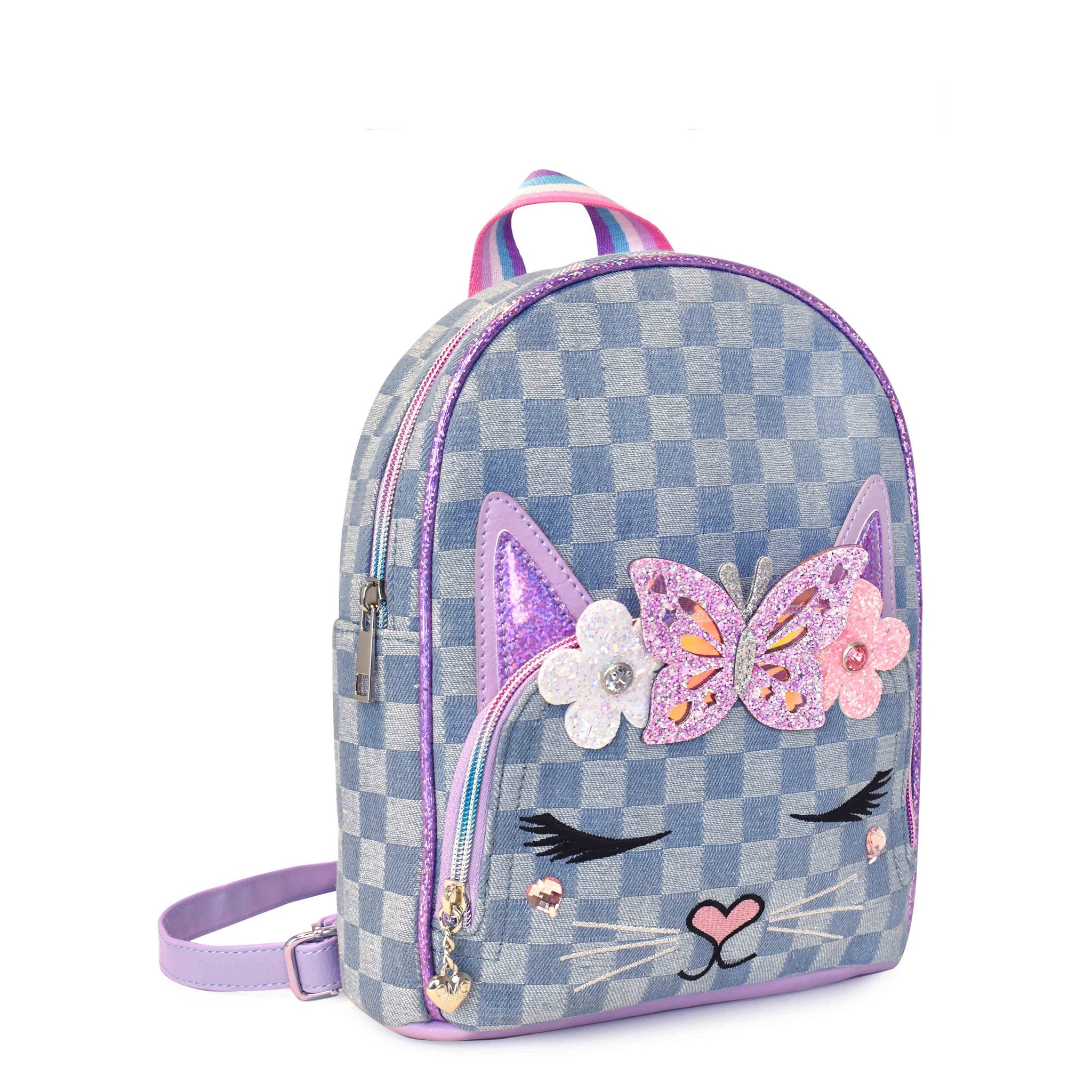 Side  view of a kitty cat face denim checkerboard printed mini backpack with glitter butterfly and flower appliqués