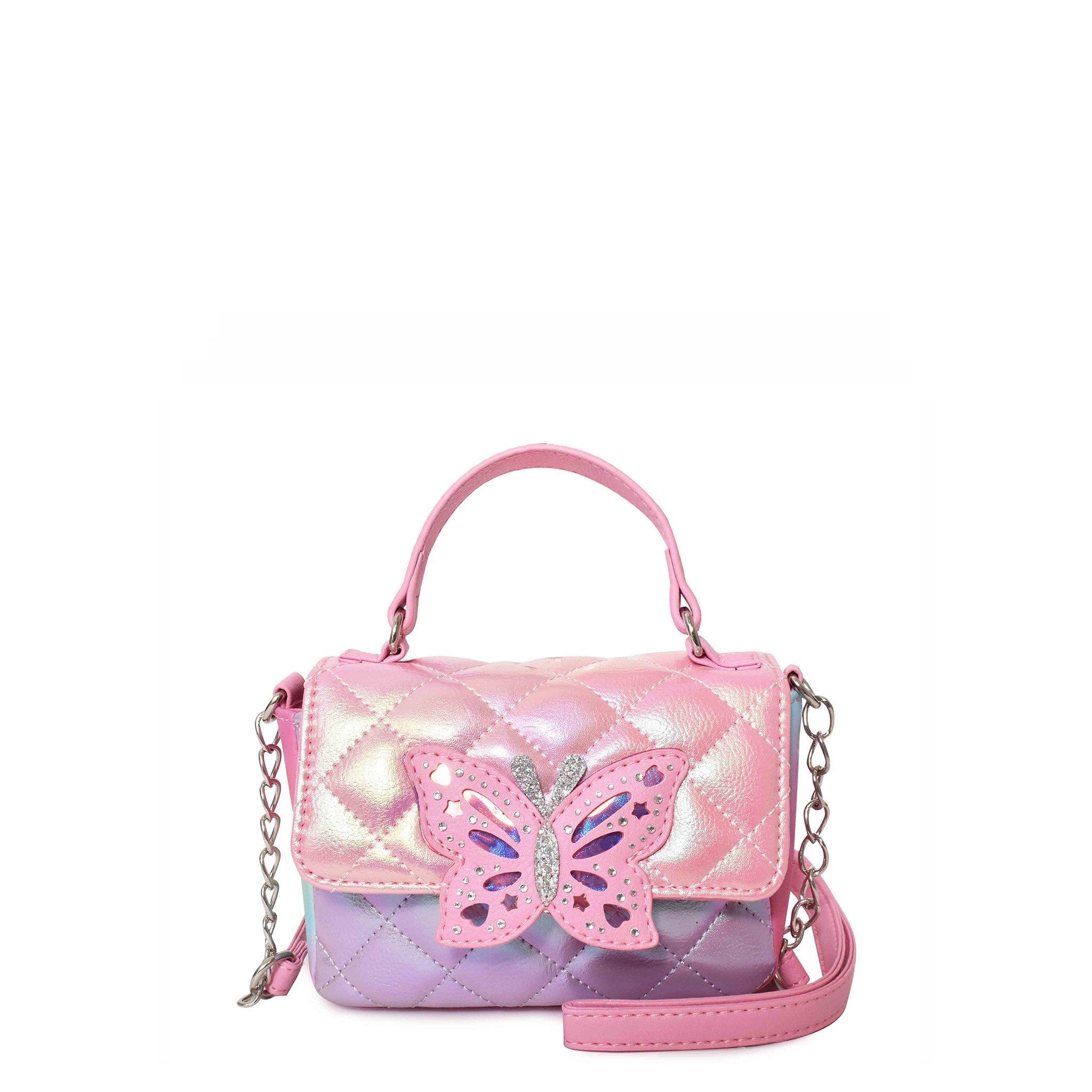 Front view of metallic quilted top handle crossbody with butterfly closure