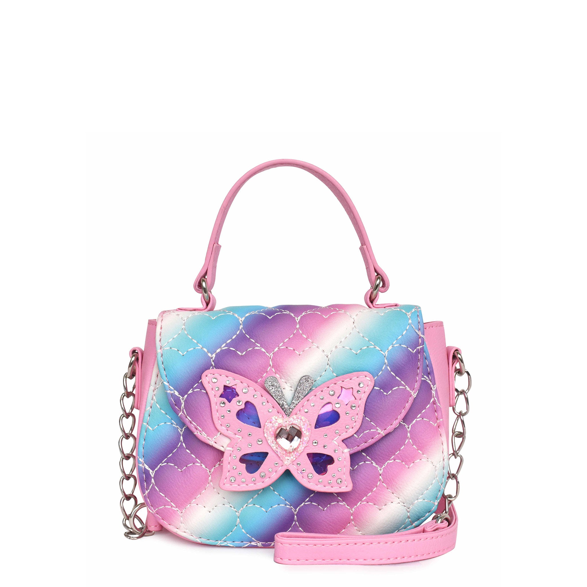Front  view of an ombre flap front top handle crossbody bag with a rhinestone butterfly appliqué closure button