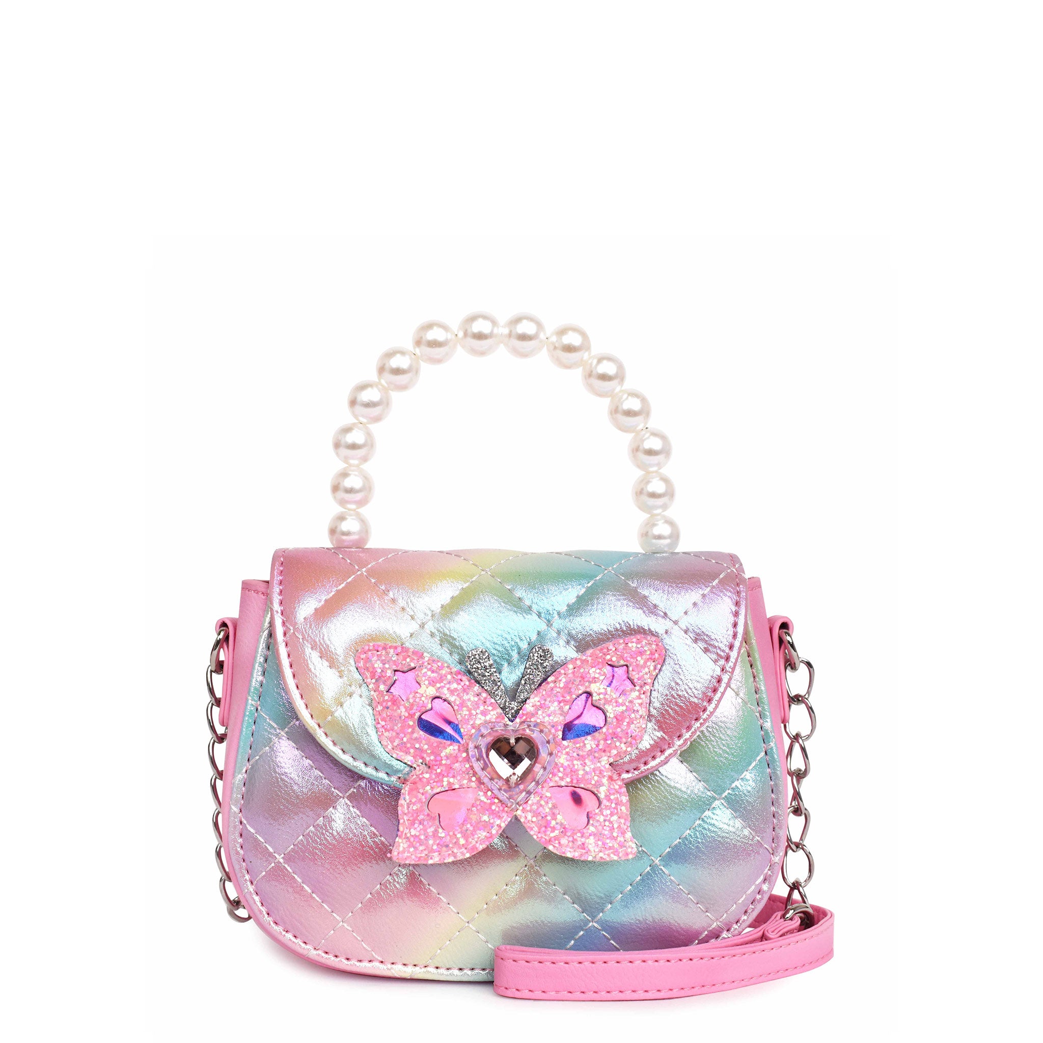 Front view of a metallic ombre quilted crossbody bag. Glitter butterfly closure button and pearl top handle.