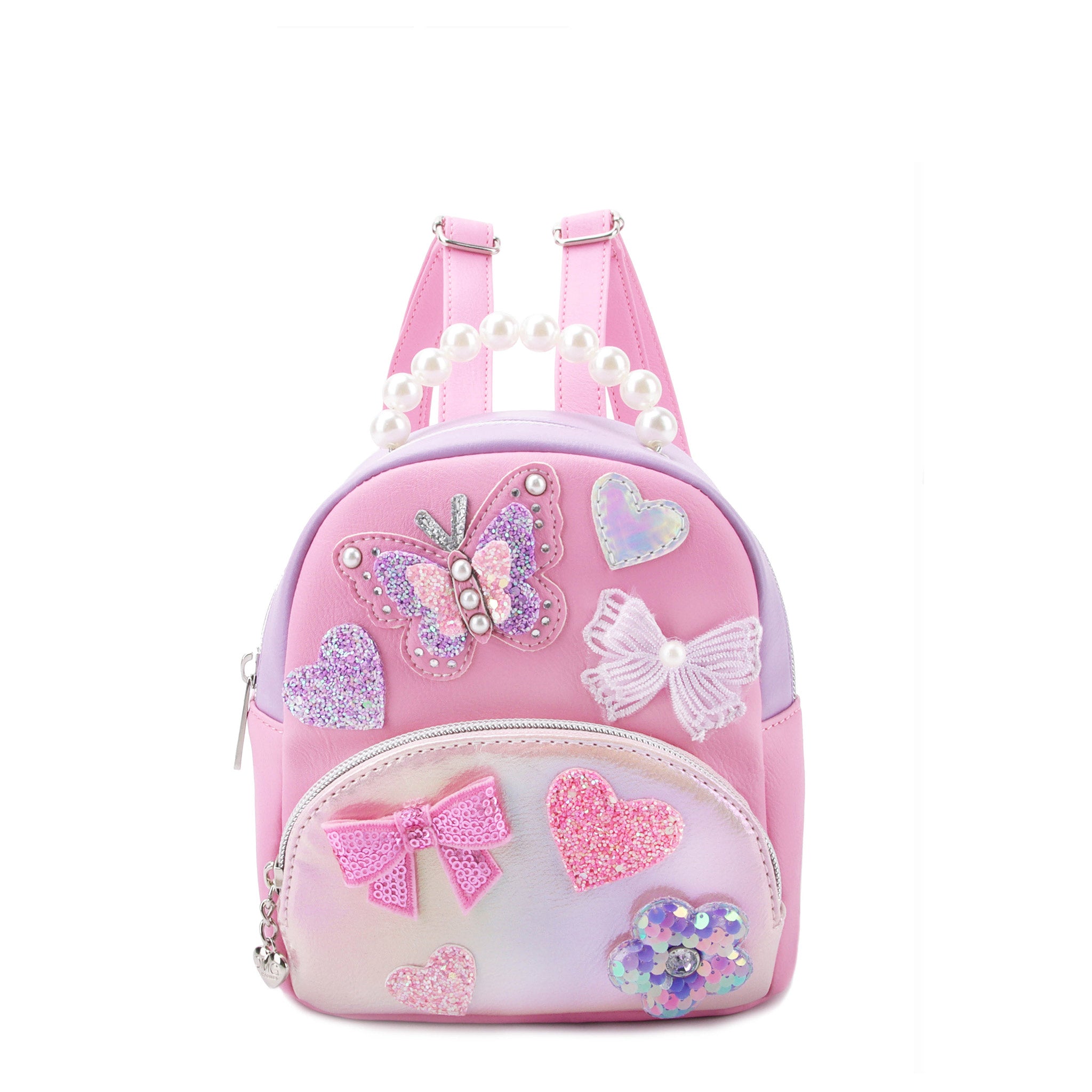 front view of a color blocked metallic pink & purple micro mini backpack with 3D butterfly, bow, & heart appliques on front. Pearl top handle included