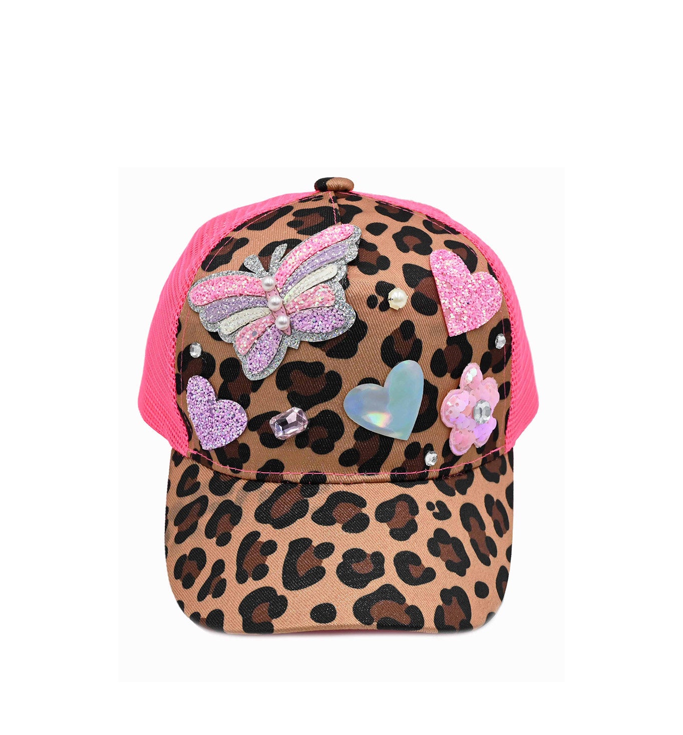 front view of a leopard printed tricker hat with butterfly & bow appliques