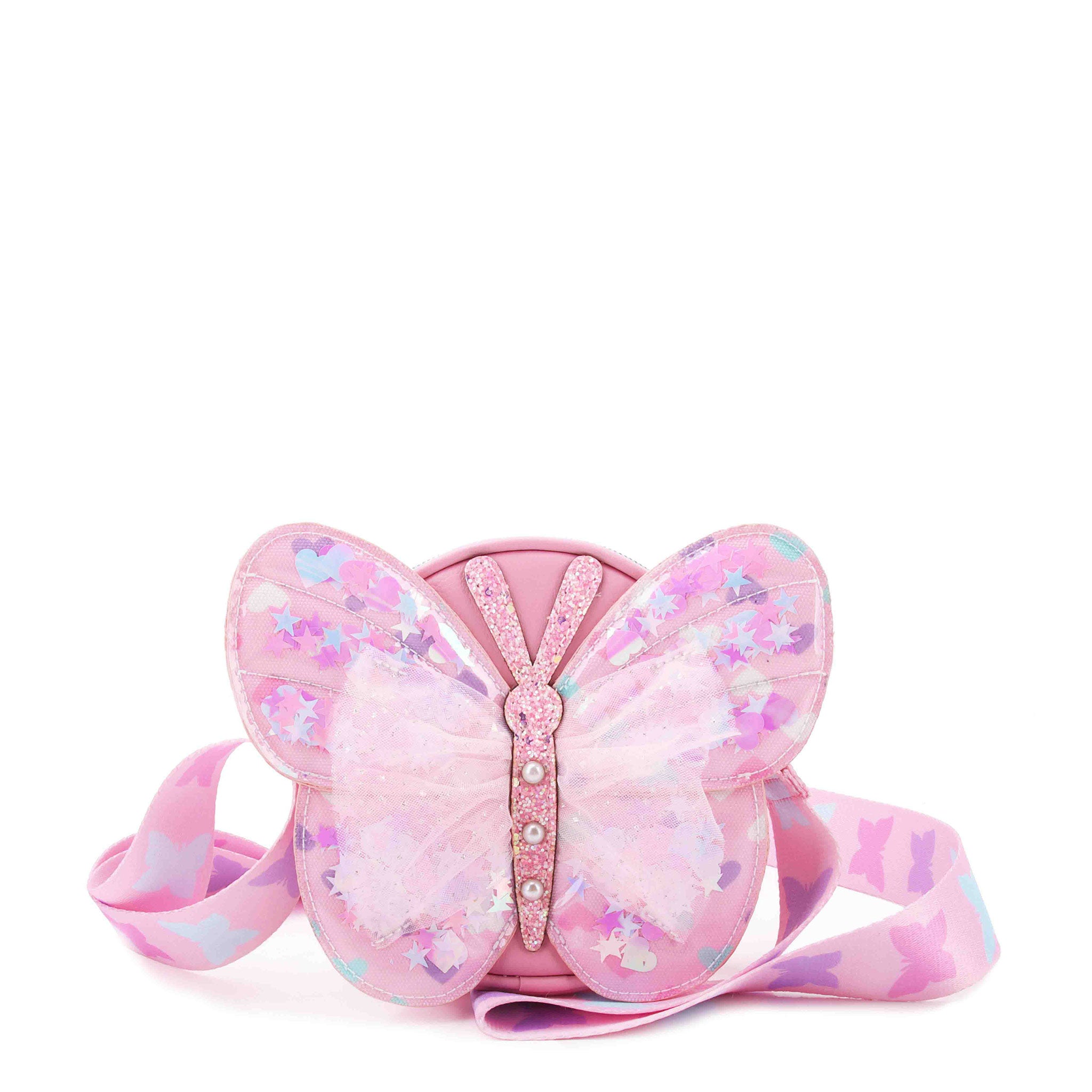 front view of a Pink butterfly-shaped crossbody bag with colorful confetti & tulle detailing