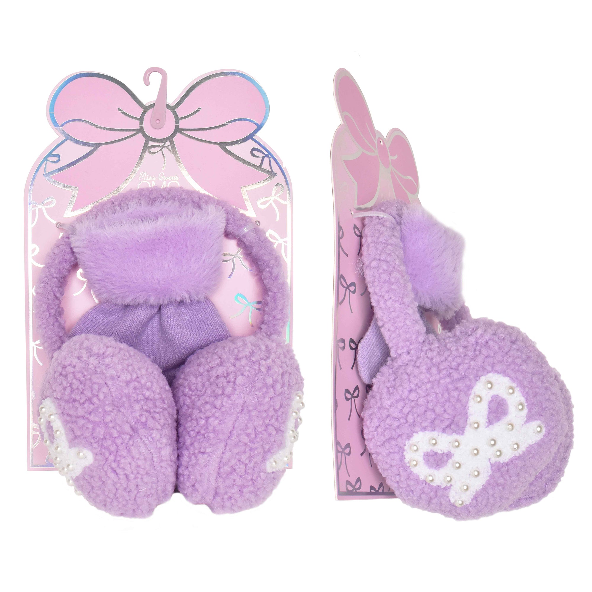 front view of purple sherpa earmuff & gloves set with bow design