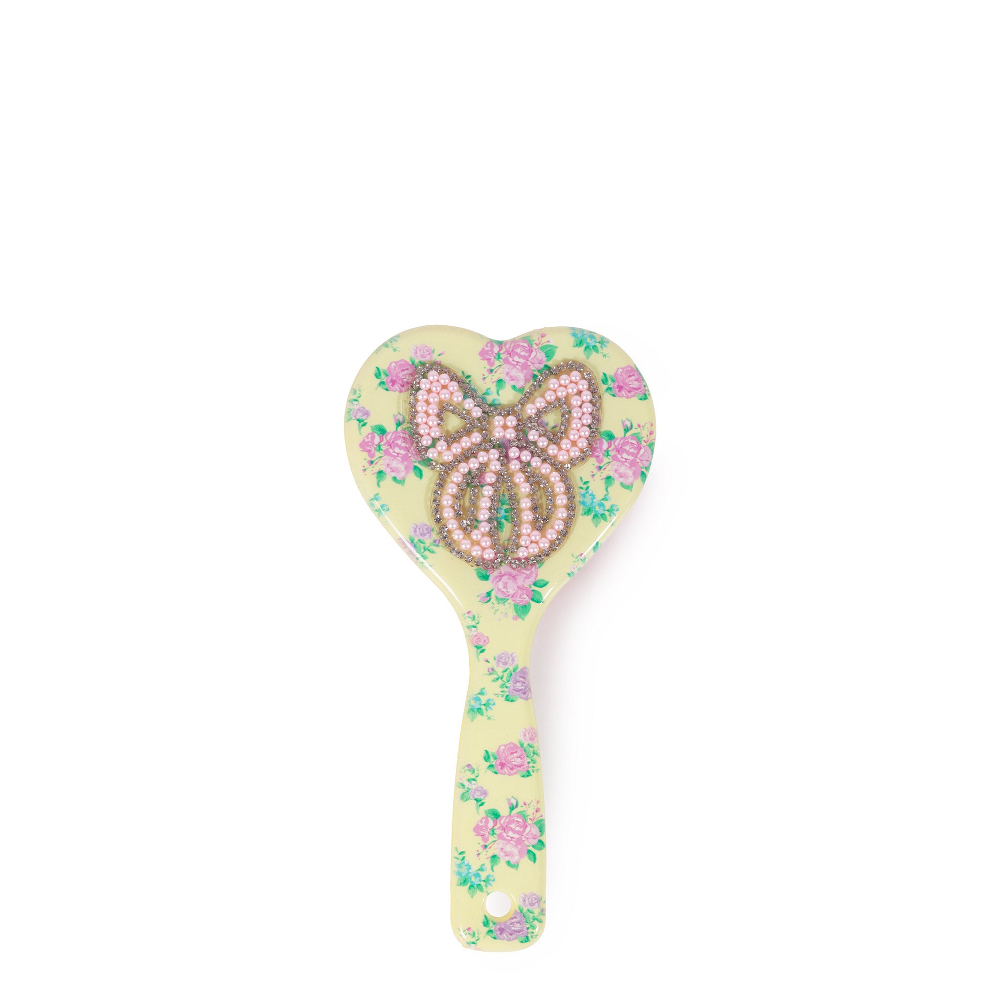 Floral Printed Butter Yellow Heart Shaped Hair brush, with a beaded pink bow patch