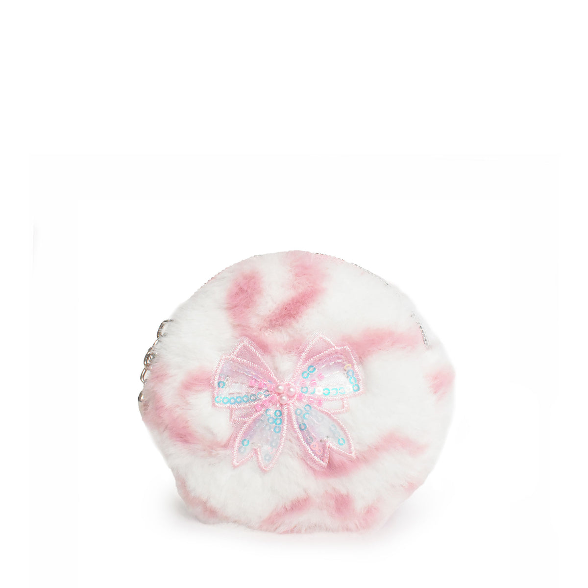 A plush, fuzzy round coin purse in a pink and white marbled pattern, decorated with a bow