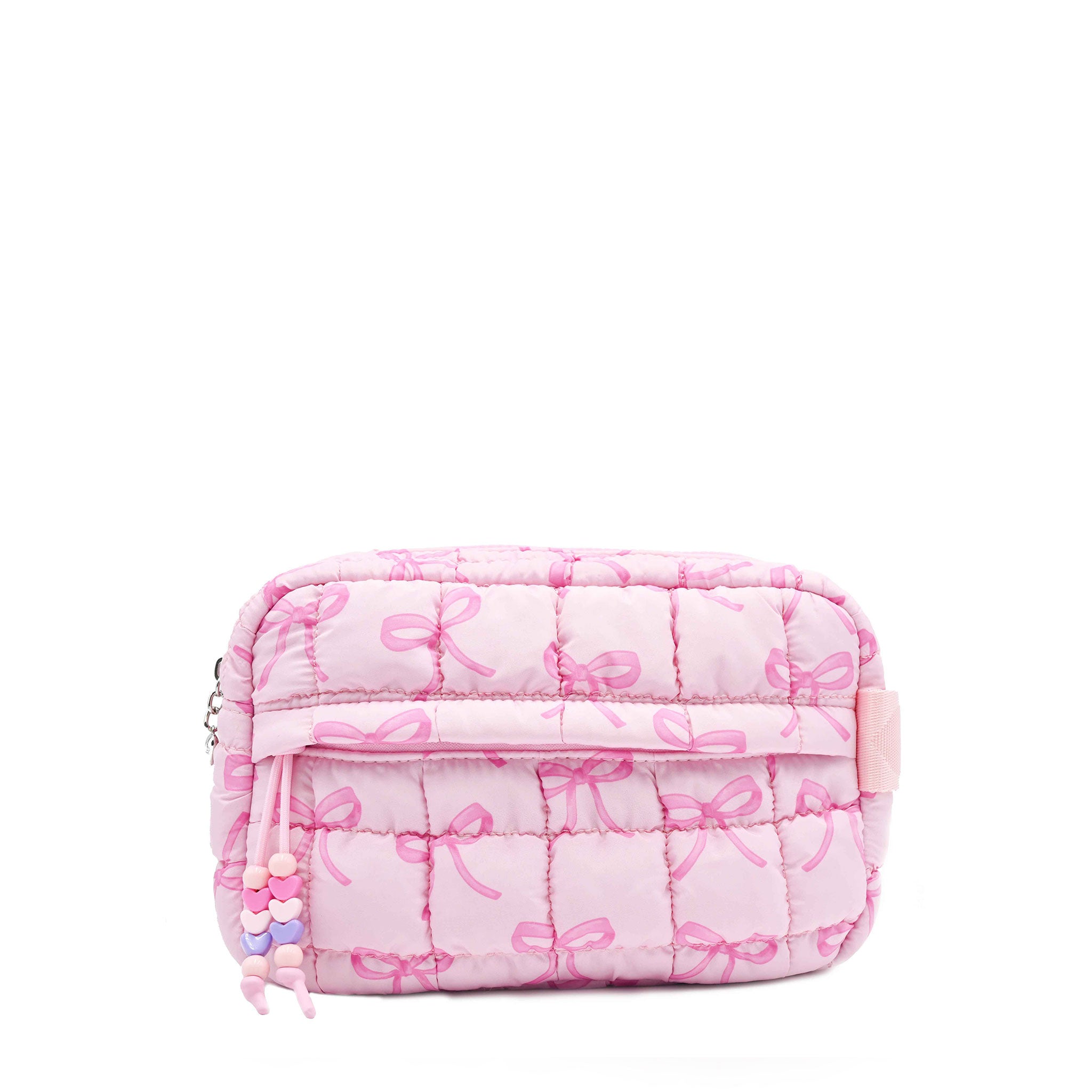 front facing view of a pink quilted nylon pouch with a front beaded zipper pocket and pink bow printed pattern