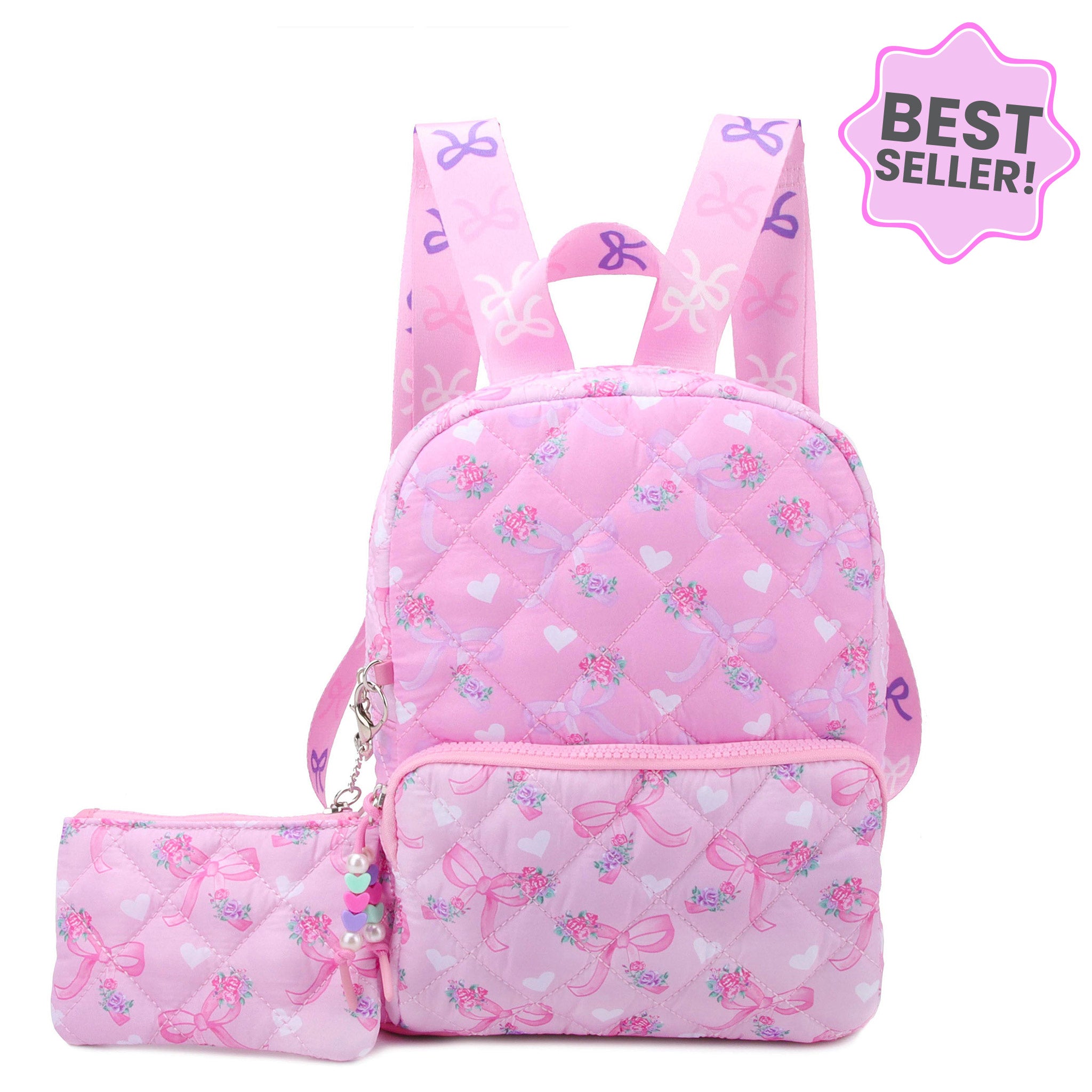 Pink backpack with bow pattern and matching pouch on a white background