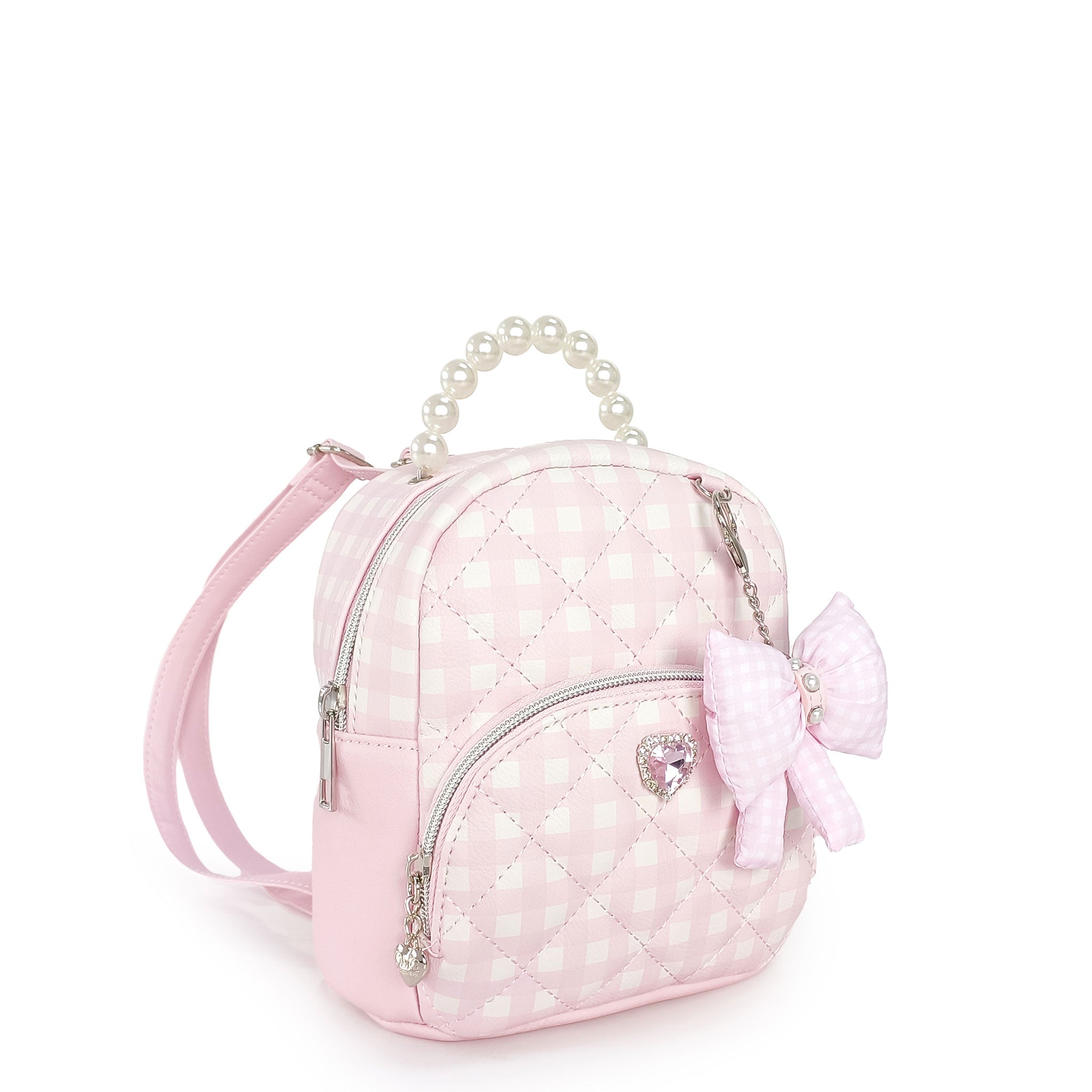 side view of a Pink quilted gingham backpack with bow and heart detail
