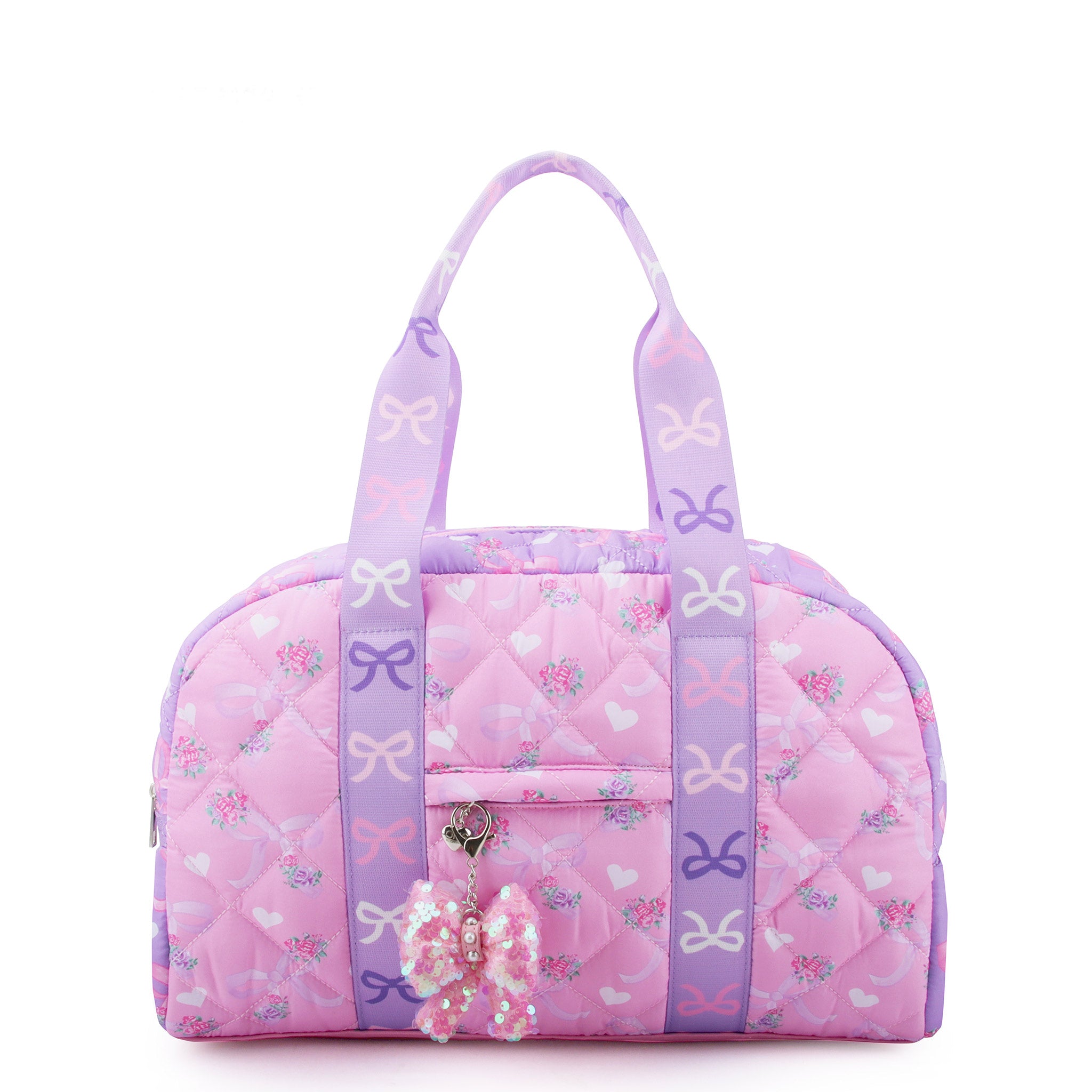 front view of a pink & purple color blocked floral & bow print medium duffle bag. Sequin bow charm included