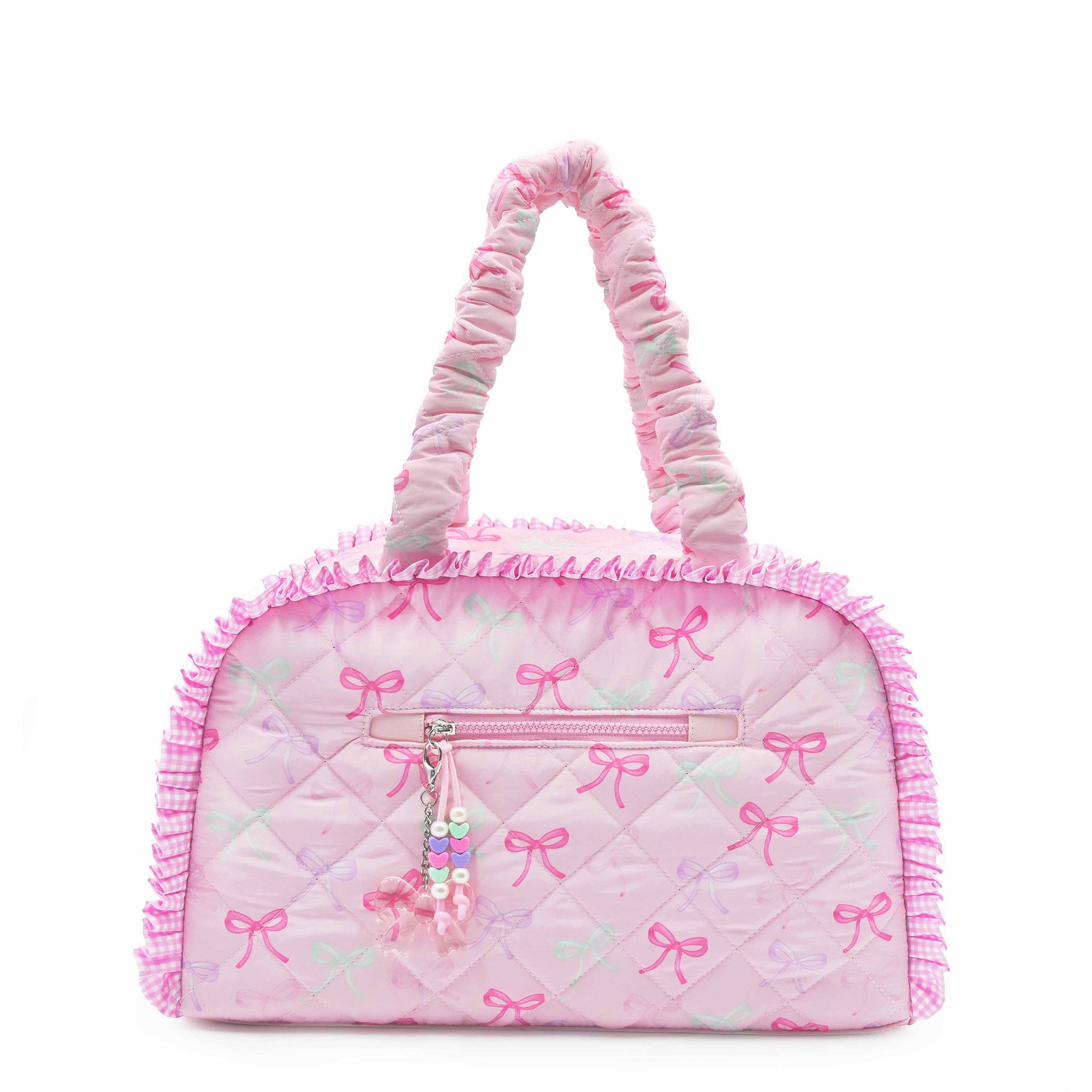 Pink quilted bow printed duffle bag with bow pattern