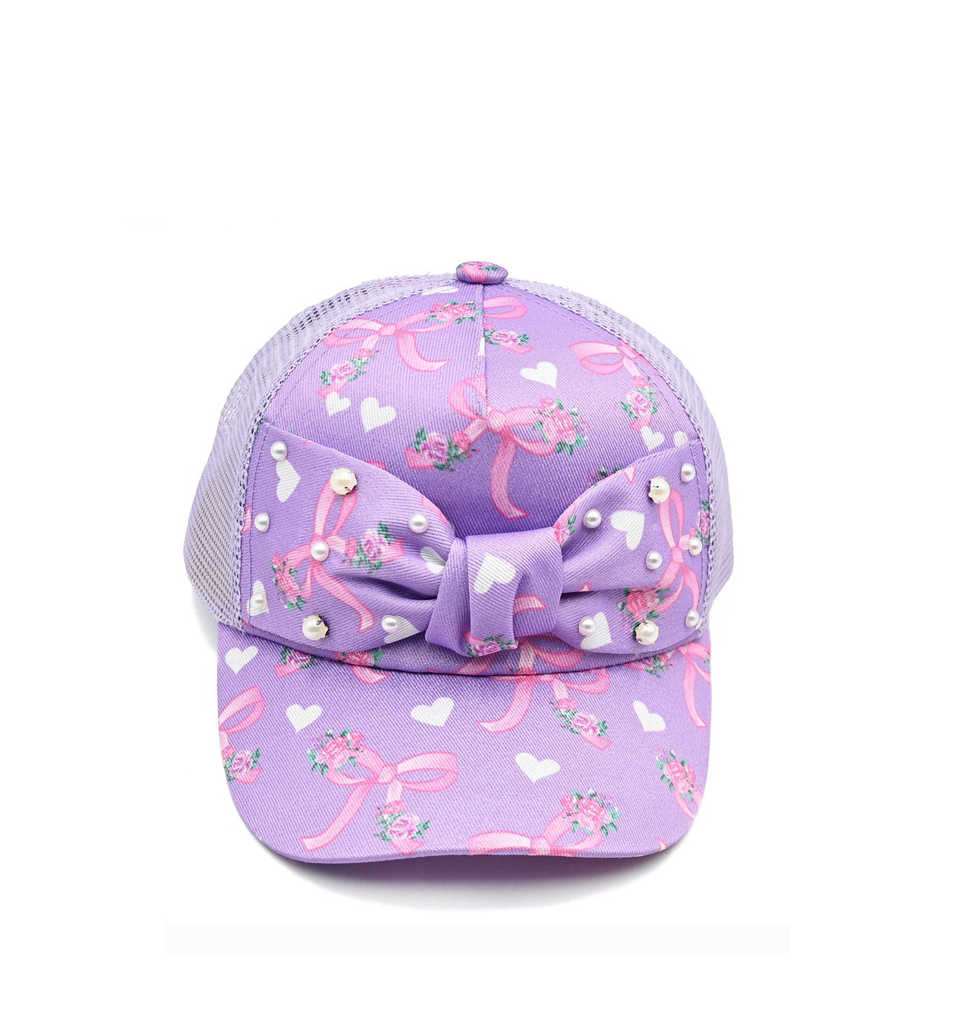 front view of a purple bow printed trucker hat with hearts & rhinestones