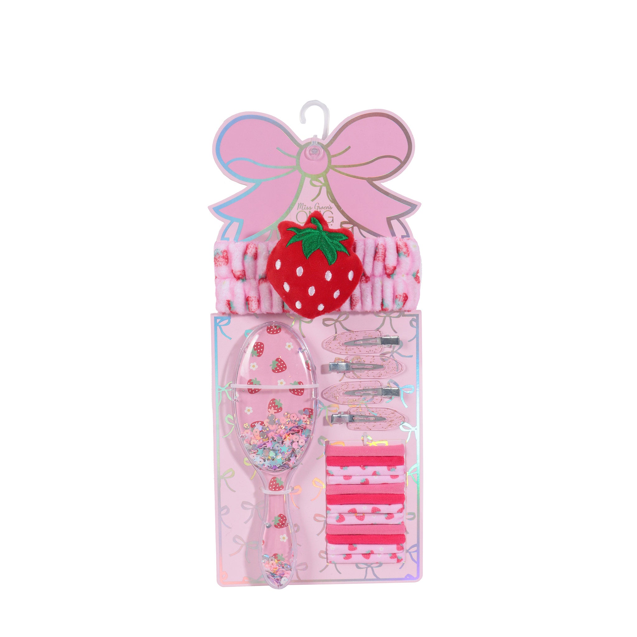 Strawberry Printed Hair Accessory Set including a plush spa headband, hairbrush with shaky confetti, 4 hair clips, and assorted hair scrunchies