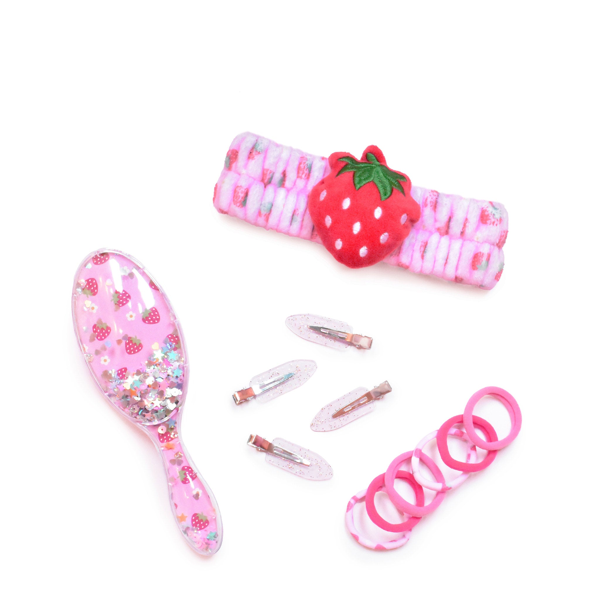 Strawberry Printed Hair Accessory Set including a plush spa headband, hairbrush with shaky confetti, 4 hair clips, and assorted hair scrunchies