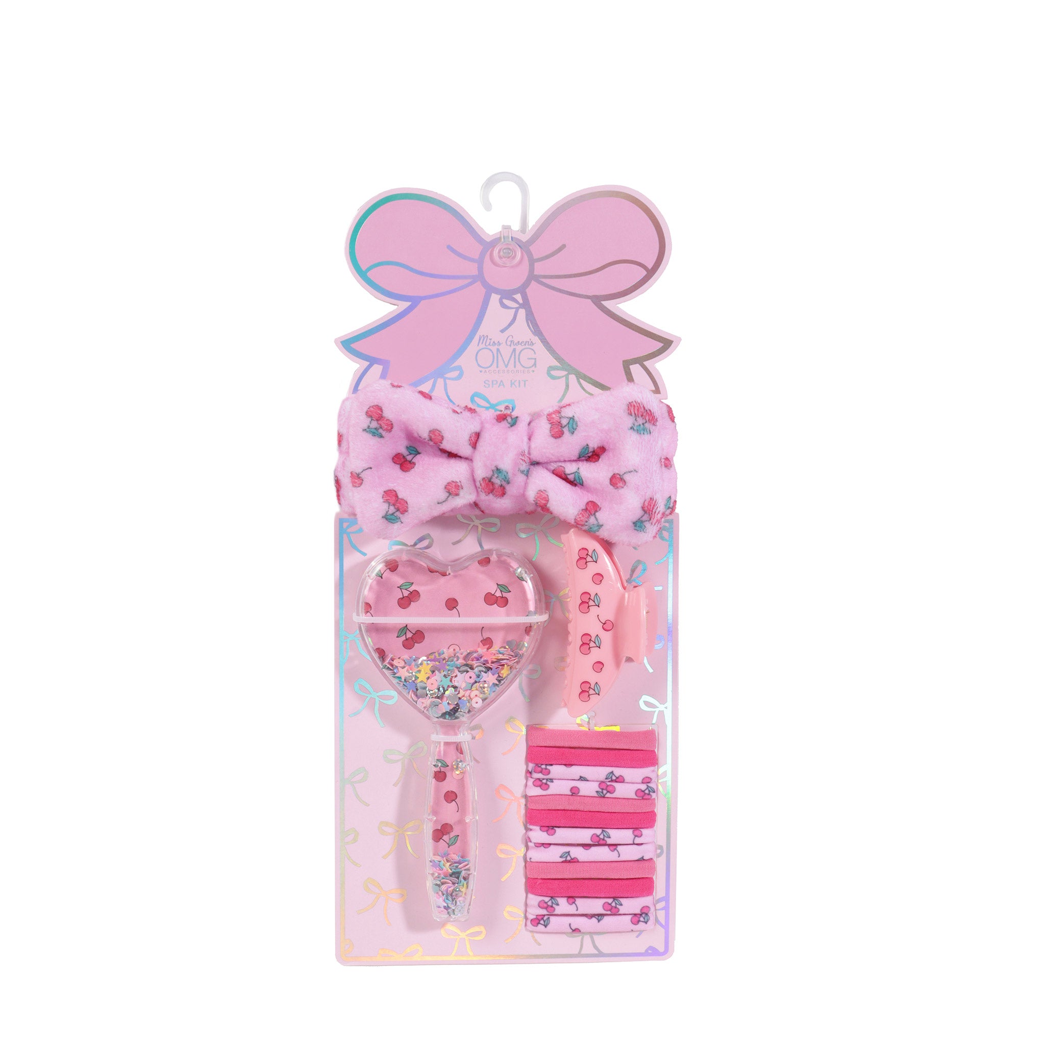 Cherry Printed Hair Accessory Set including a plush spa headband, heart shaped hairbrush with shaky confetti, cherry print claw clip, and assorted hair scrunchies