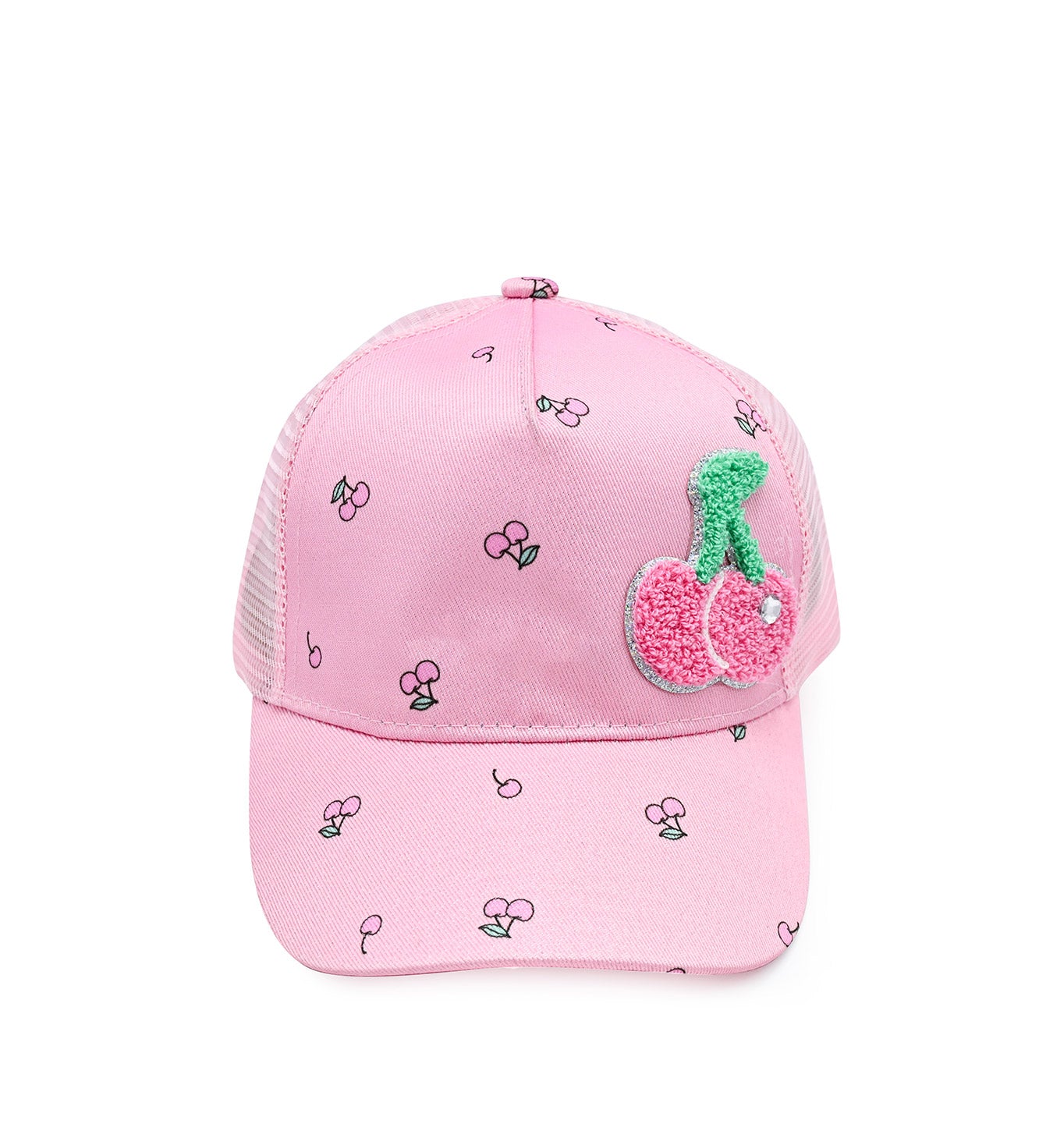 front view of a pink cherry printed baseball cap with a chenille cherry patch