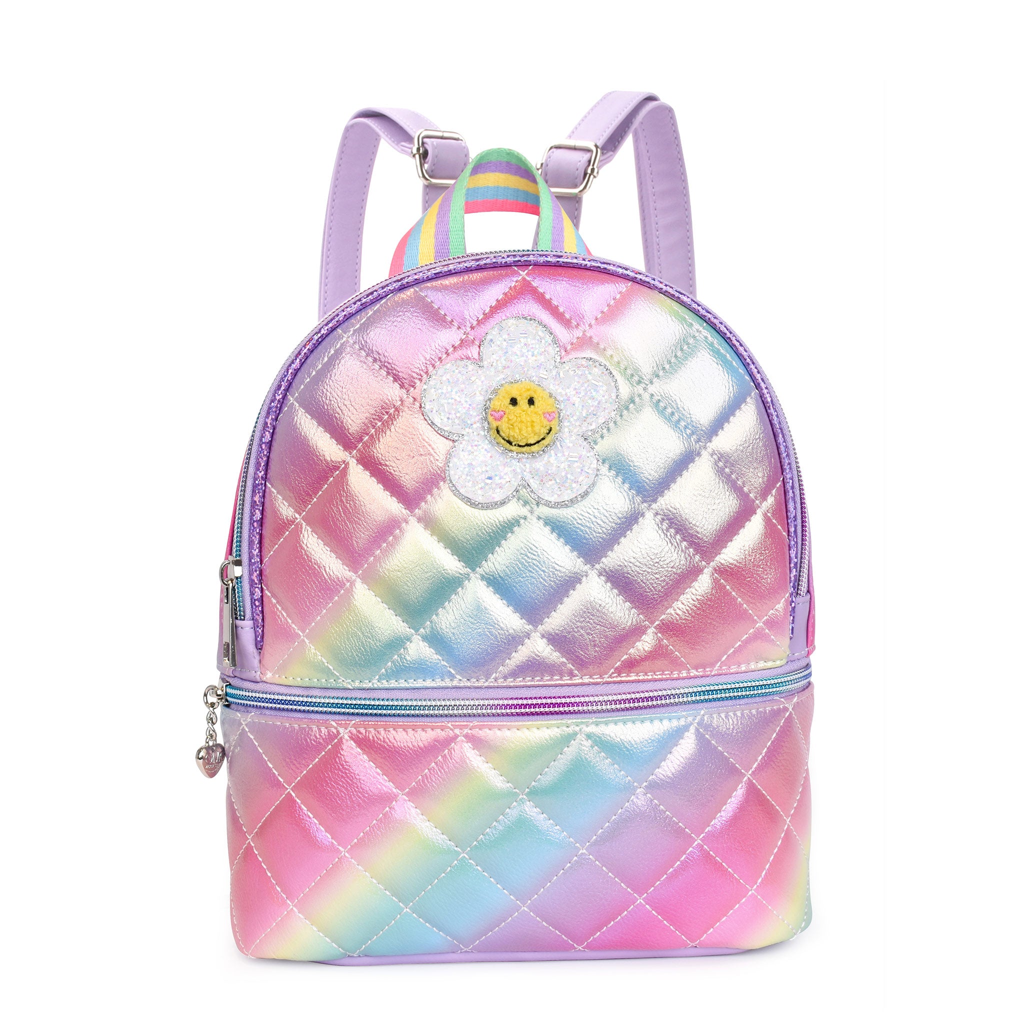 Front view of a rainbow ombre metallic quilted mini backpack with a glitter daisy appliqué 