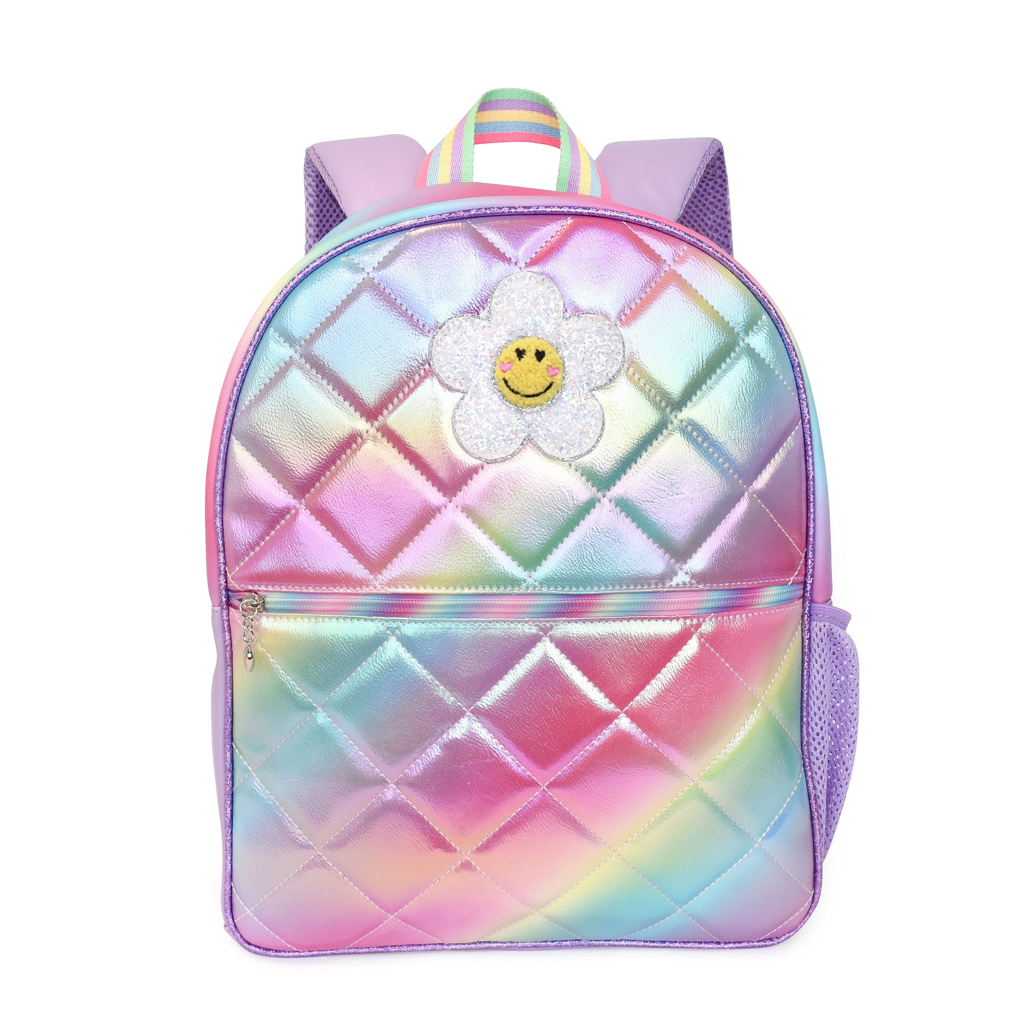 Front view of a rainbow metallic ombre quilted large backpack with a glitter daisy patch