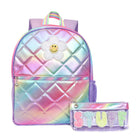 Front view of a rainbow metallic ombre quilted large backpack with a glitter daisy patch with a clear pencil pouch with glitter bubble lettering 'STUFF'