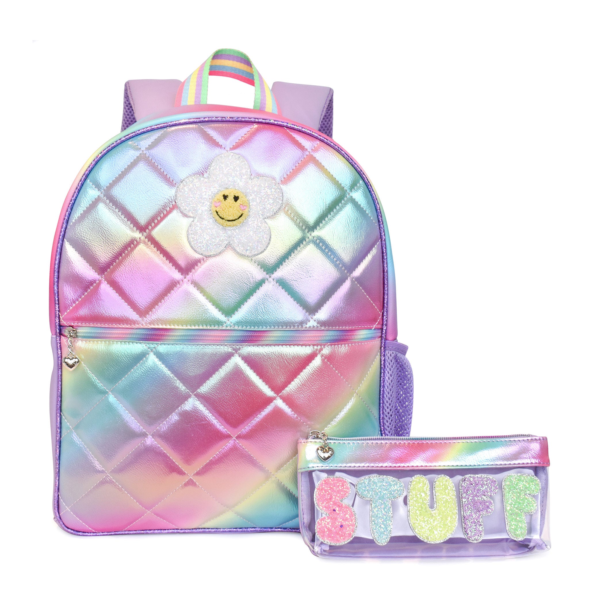 Front view of a rainbow metallic ombre quilted large backpack with a glitter daisy patch with a clear pencil pouch with glitter bubble lettering 'STUFF'