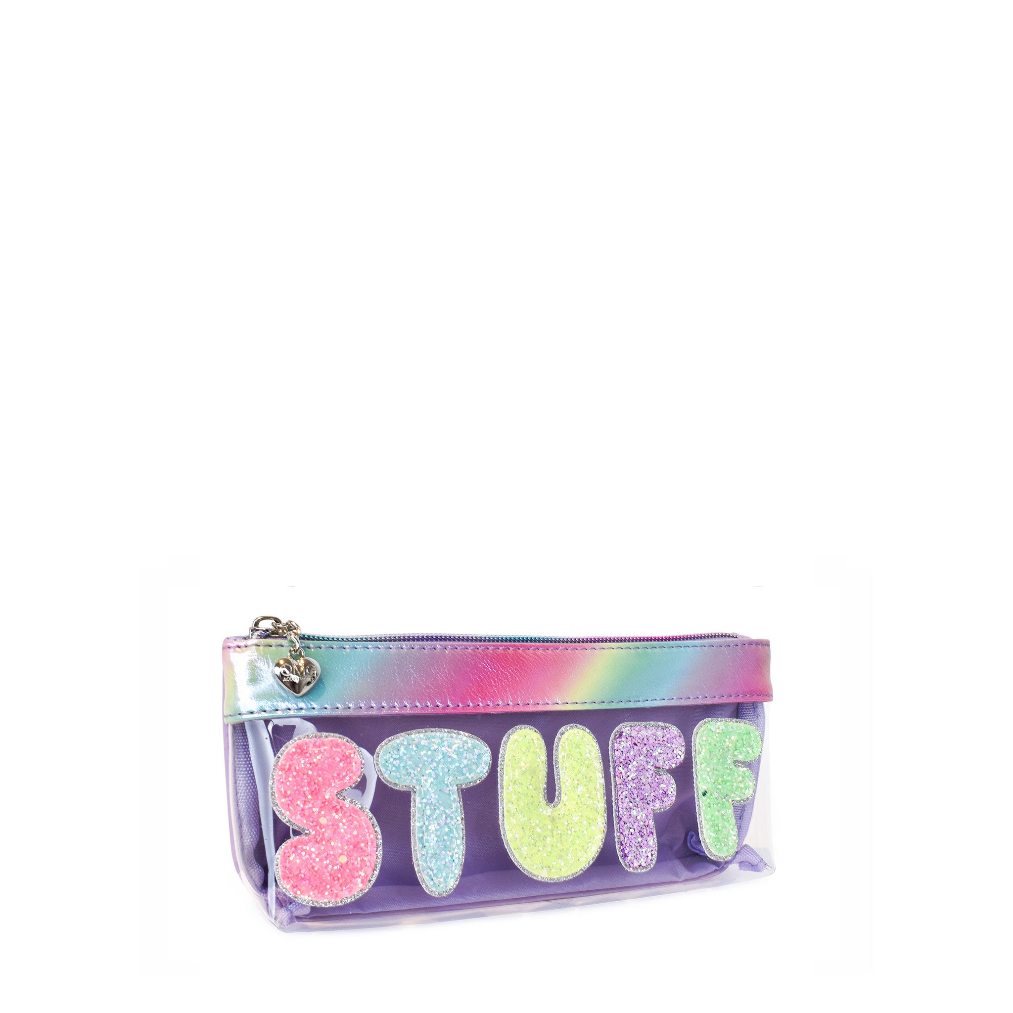 Side  a clear pencil pouch with glitter bubble lettering 'STUFF'