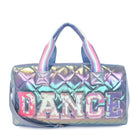 Front view of a large blue metallic quilted duffle bag with sequin varsity letters 'DANCE' applique 