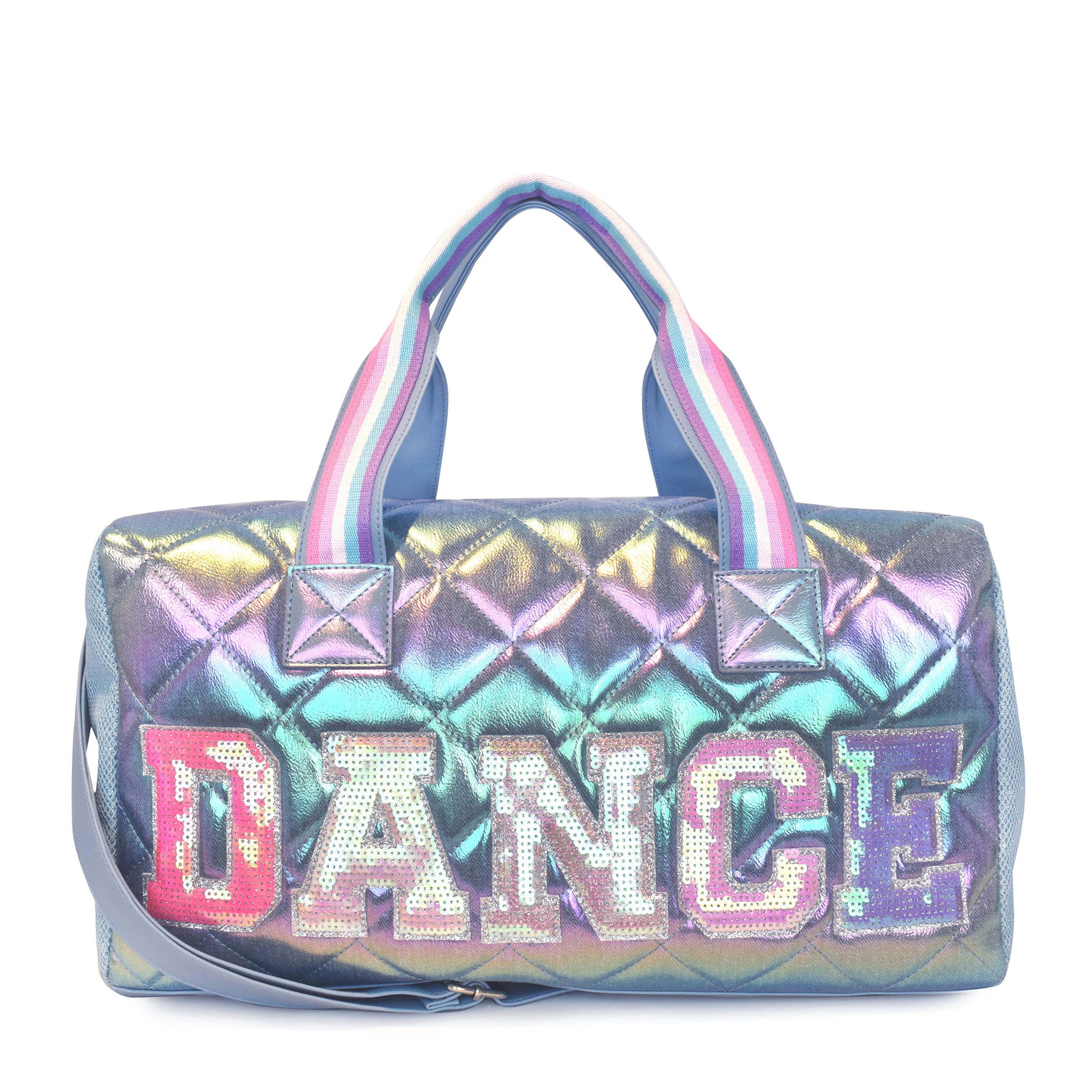 Front view of a large blue metallic quilted duffle bag with sequin varsity letters 'DANCE' applique 