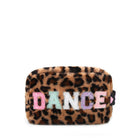 Leopard print pouch with 'DANCE' text in glitter varsity letters on a white background