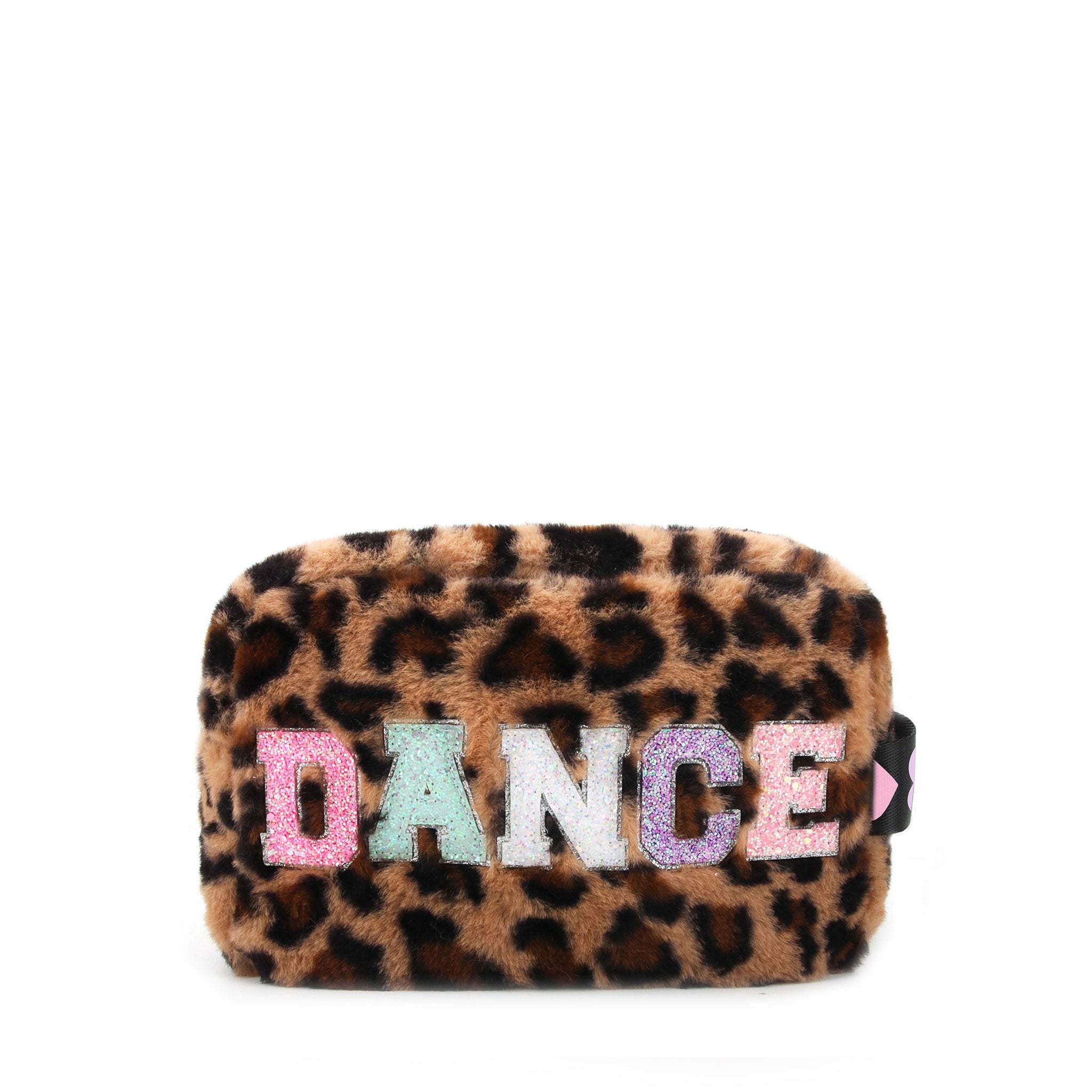Leopard print pouch with 'DANCE' text in glitter varsity letters on a white background