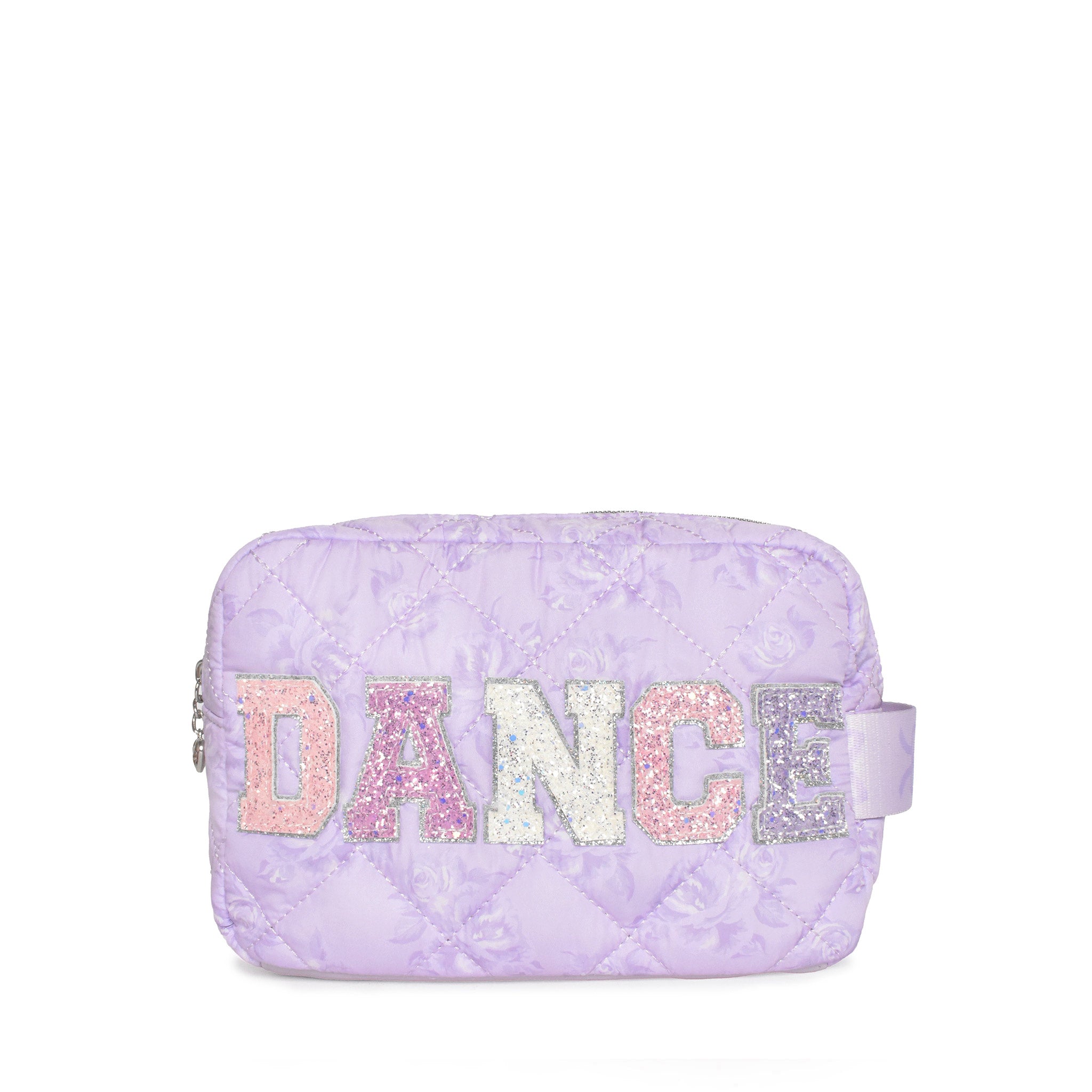 front view of lavender dance lettering pouch with rose print