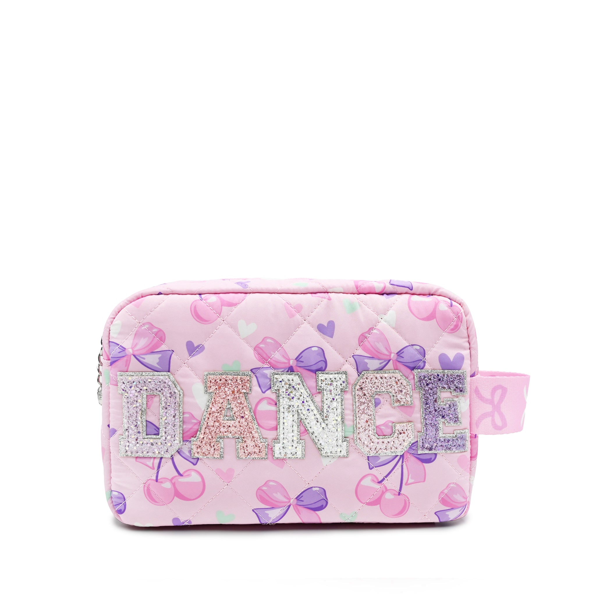 Pink Cherry Bow Printed Cosmetic Pouch with Glitter "DANCE" Varsity Letters