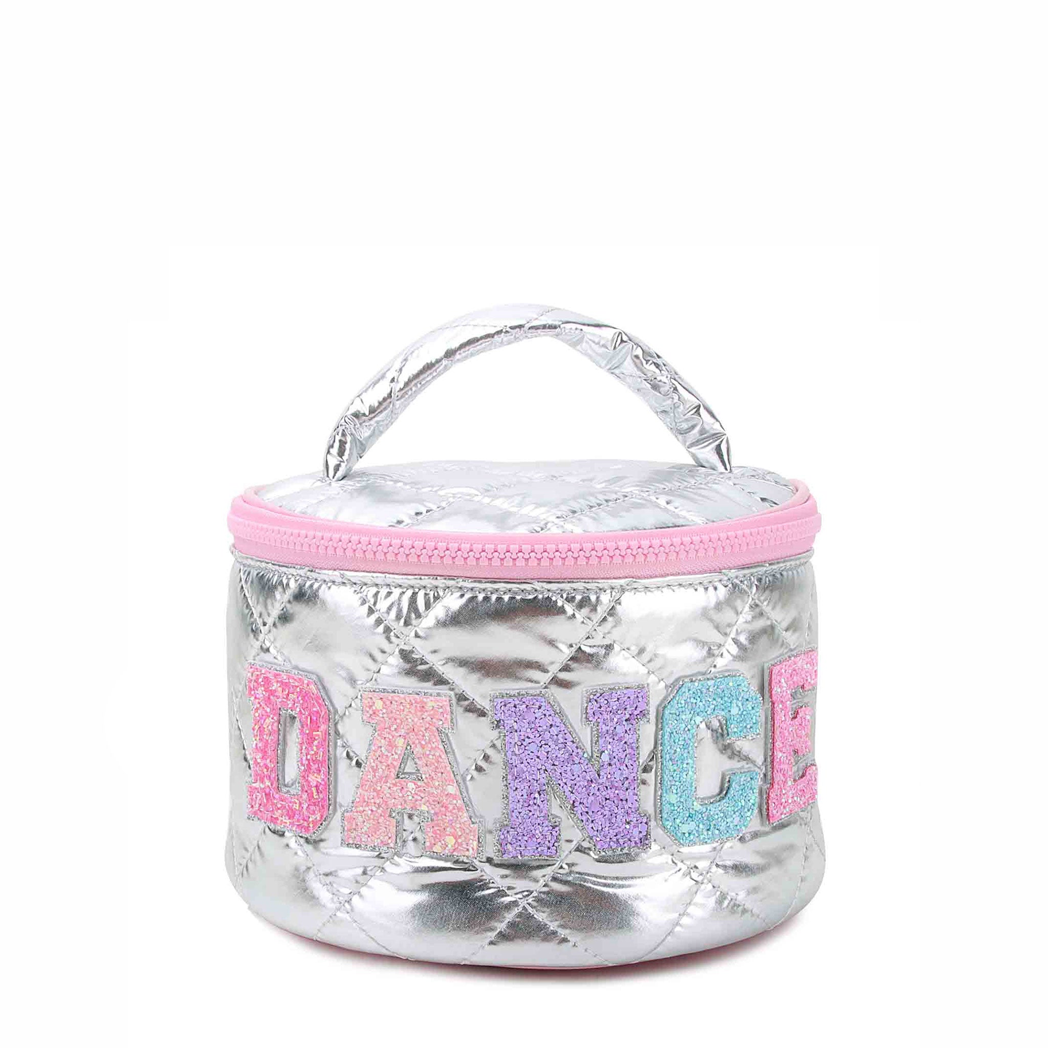 Silver quilted round train case with 'DANCE' glitter letters