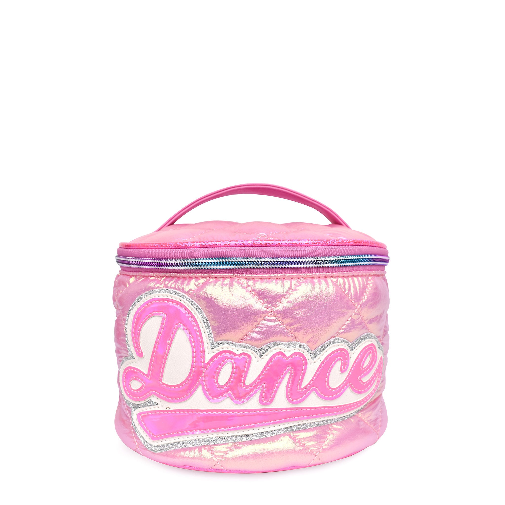 Front view of pink puffer metallic 'Dance' glam bag