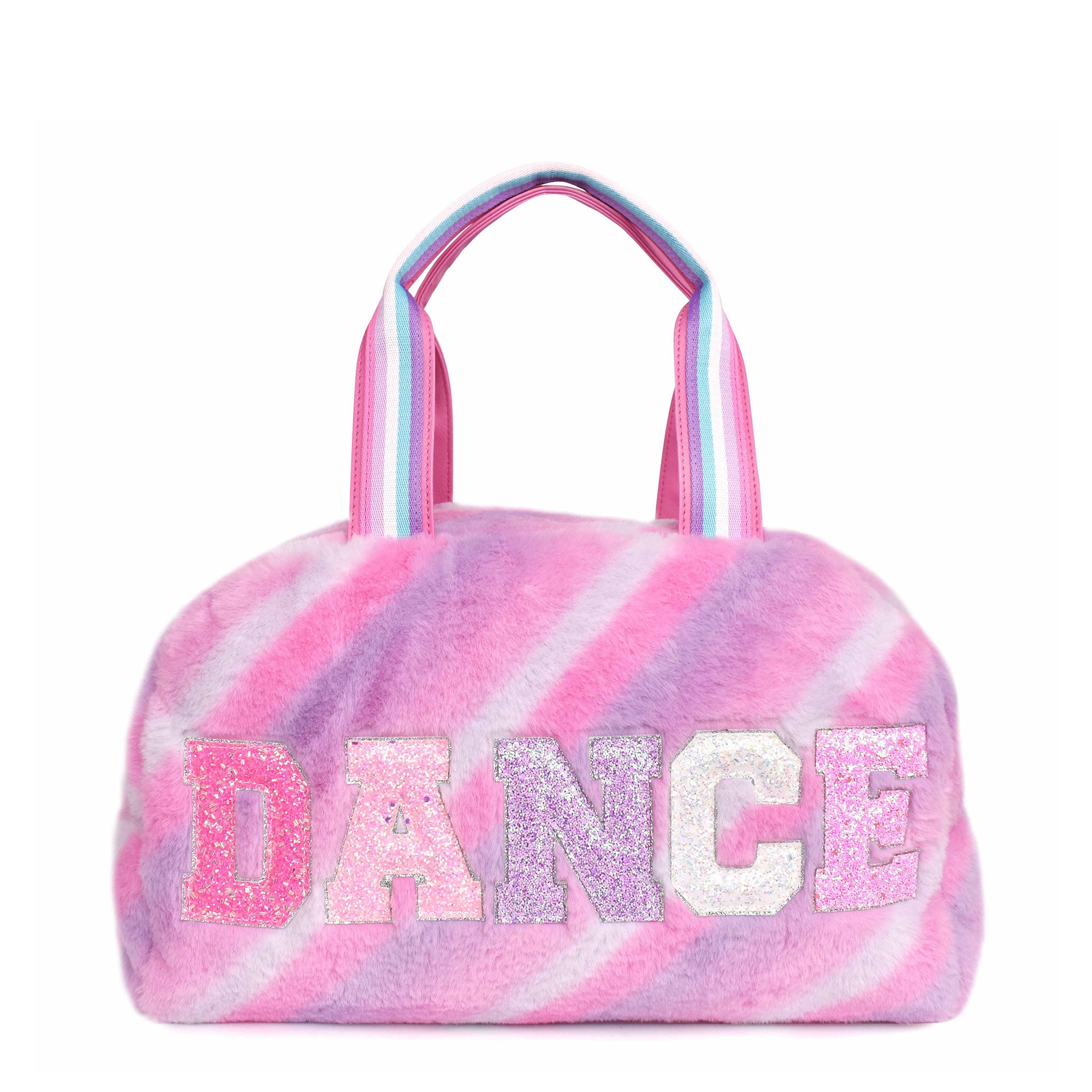 Front view of a pink ombre striped plush medium duffle bag with glitter varsity letters 'DANCE'