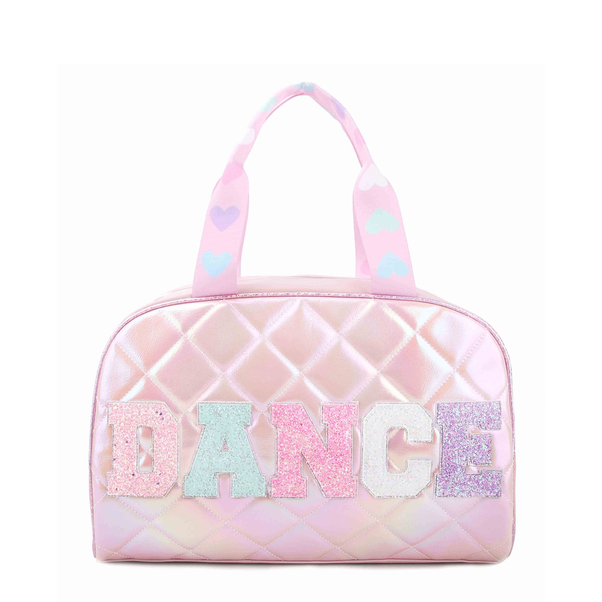 pink holographic quilted medium sized 'DANCE' duffle bag
