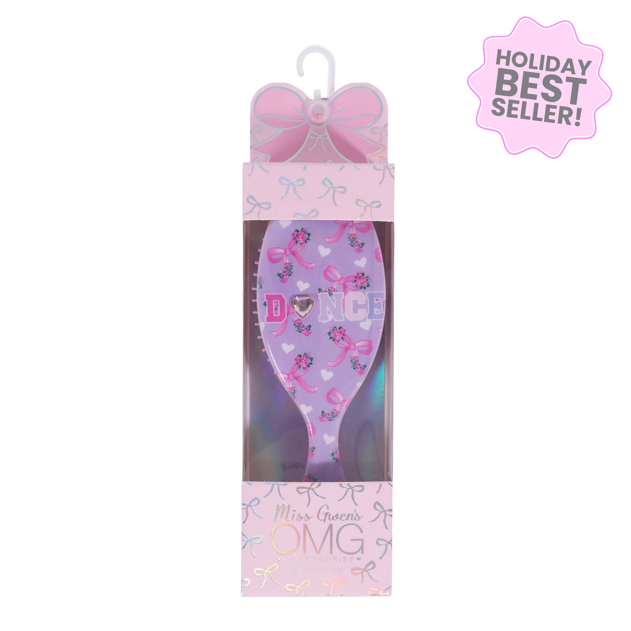 Lavender floral bow print hair brush with Dance varsity letters