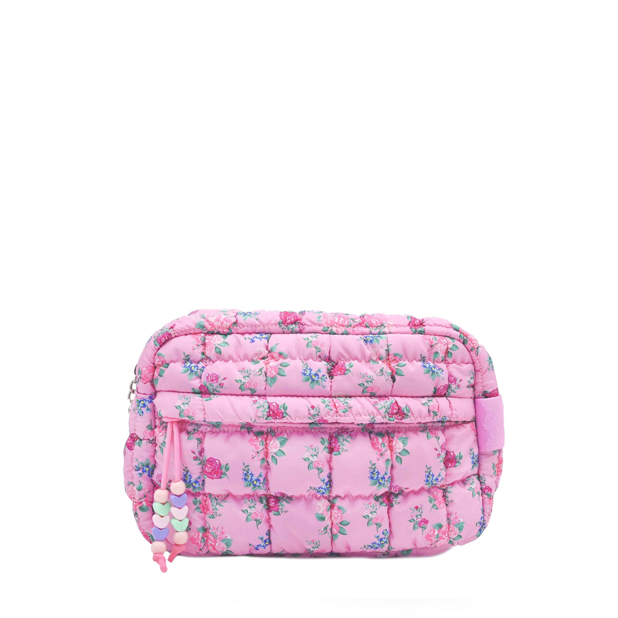 front facing view of a pink quilted nylon scrunch pouch with a printed floral pattern and front beaded zipper closure pocket
