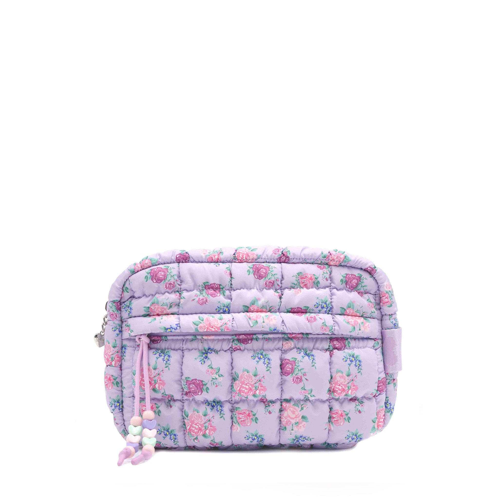 front facing view of a purple quilted nylon scrunch pouch with a printed floral pattern and front beaded zipper closure pocket