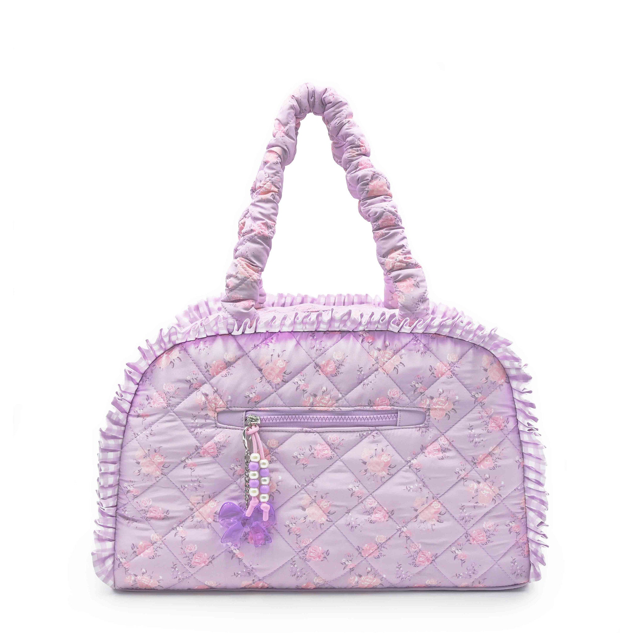 pastel floral printed medium duffle bag with charm