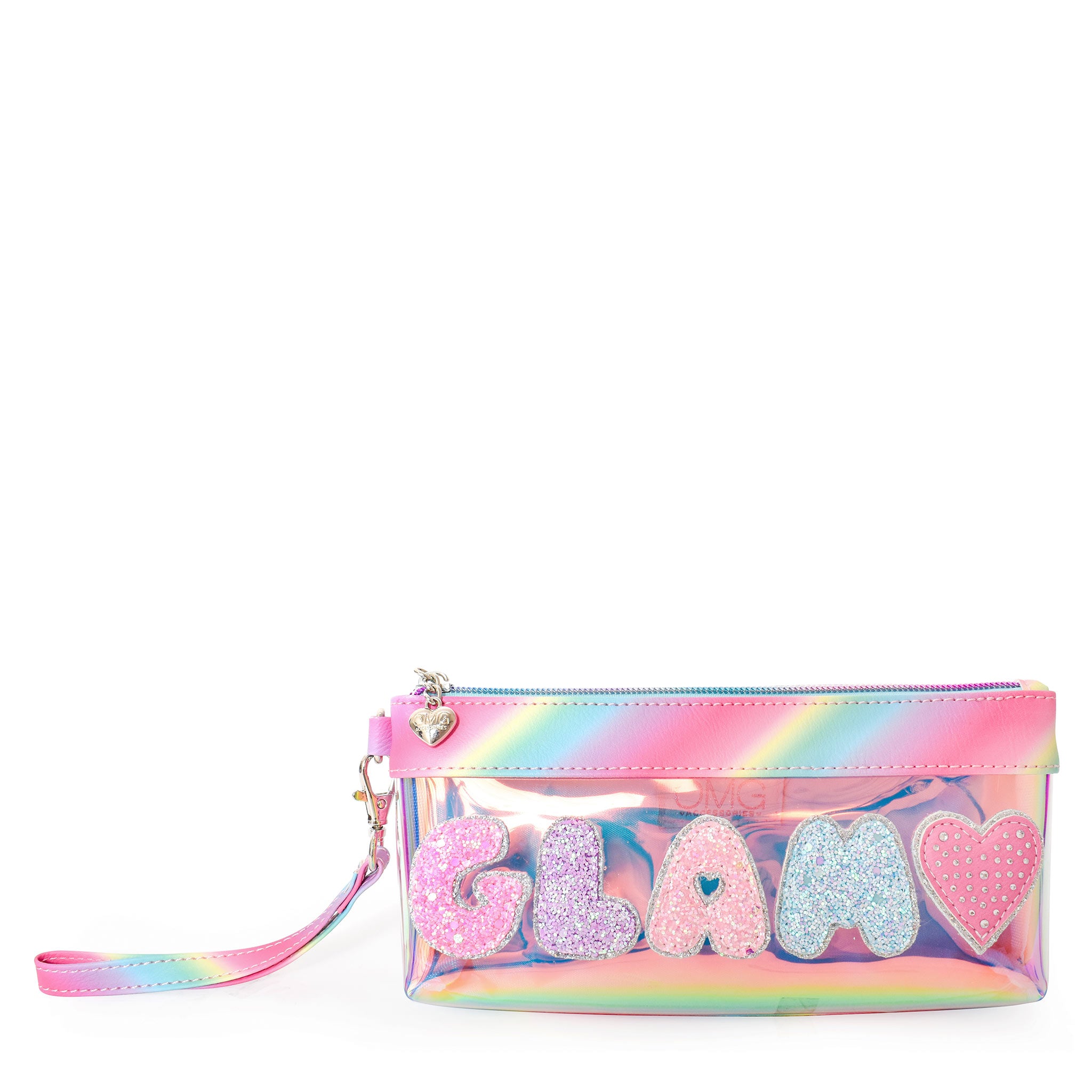 Front view of clear glazed ombre 'Glam' wristlet with glitter bubble-letter patches