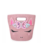 Front view of pink straw beach tote with unicorn face embellished with glitter butterfly and heart appliqués.