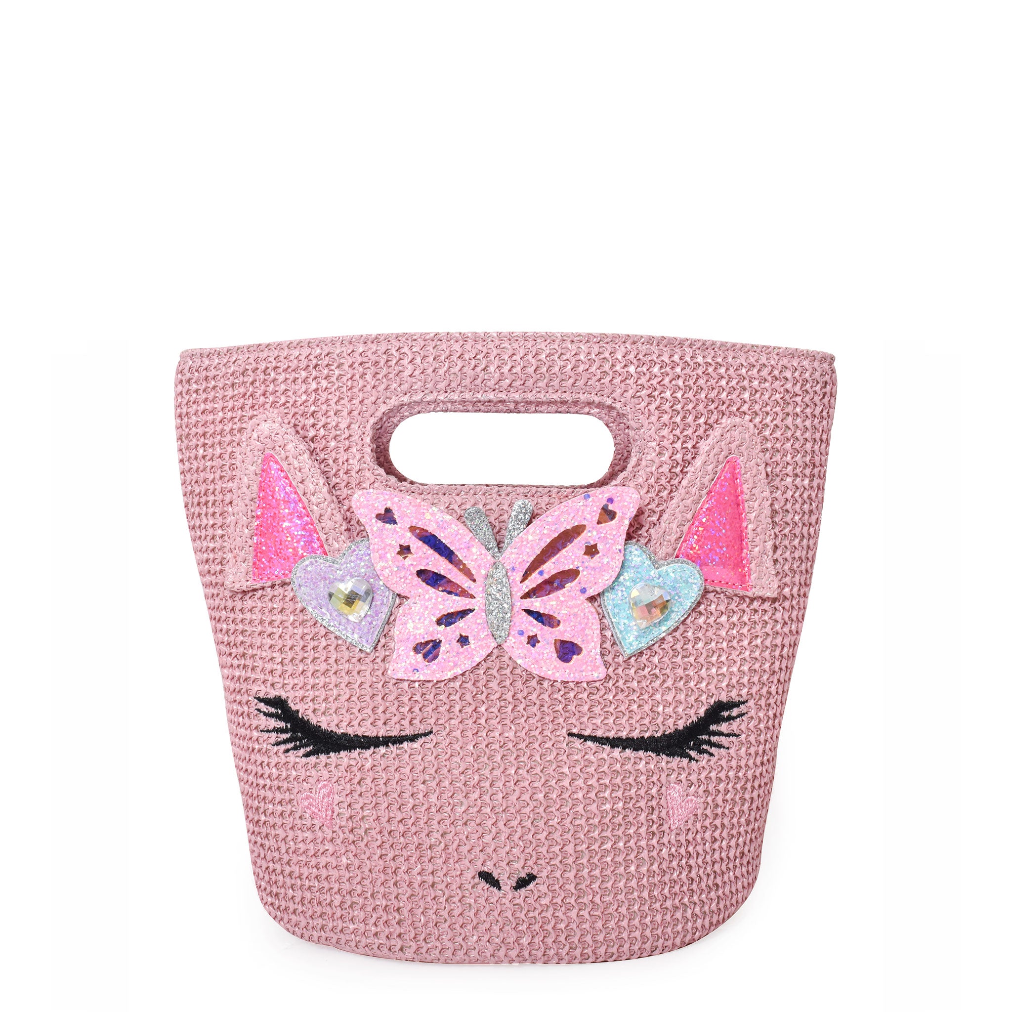 Front view of pink straw beach tote with unicorn face embellished with glitter butterfly and heart appliqués.
