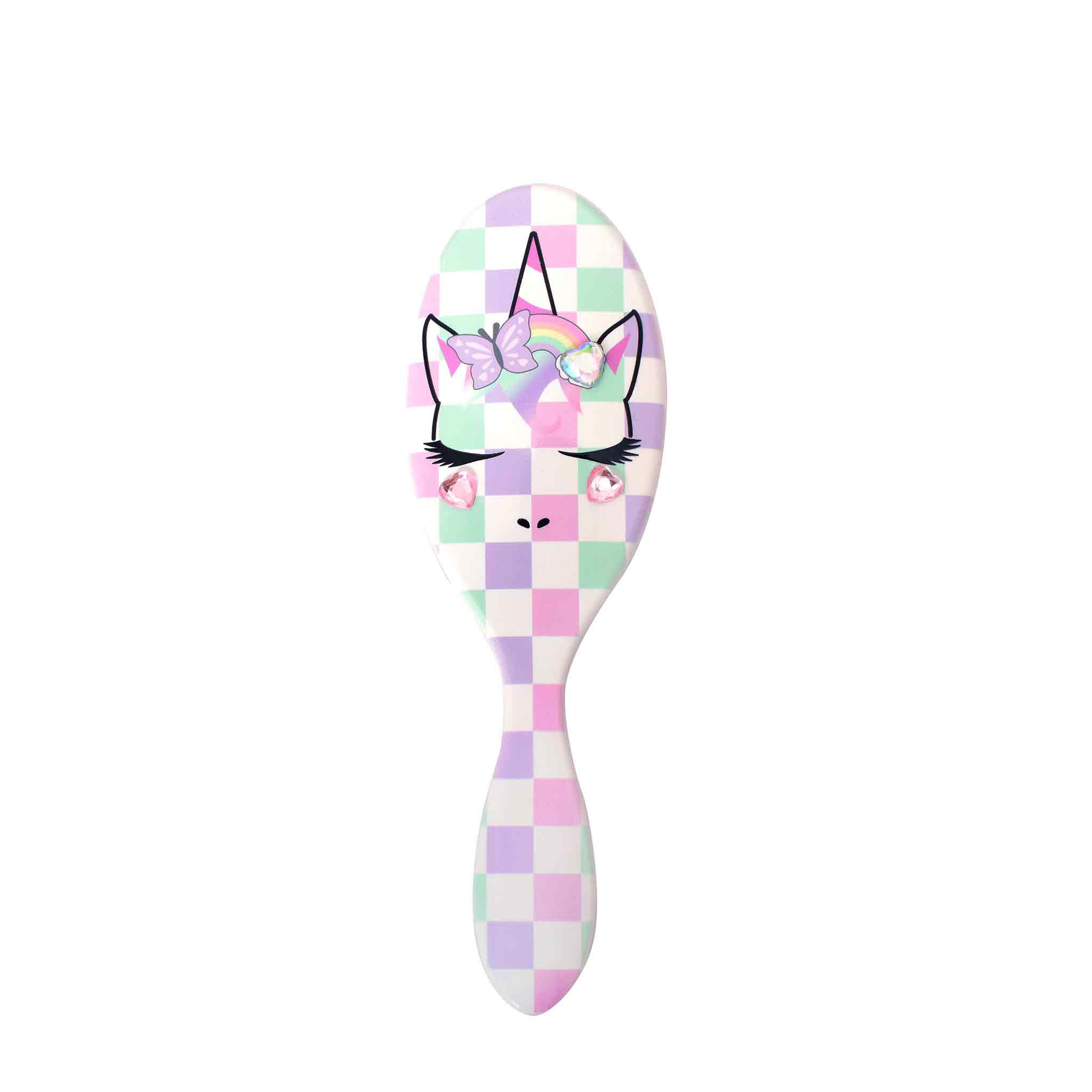 Front view of Miss Gwen unicorn checkerboard-printed round hairbrush