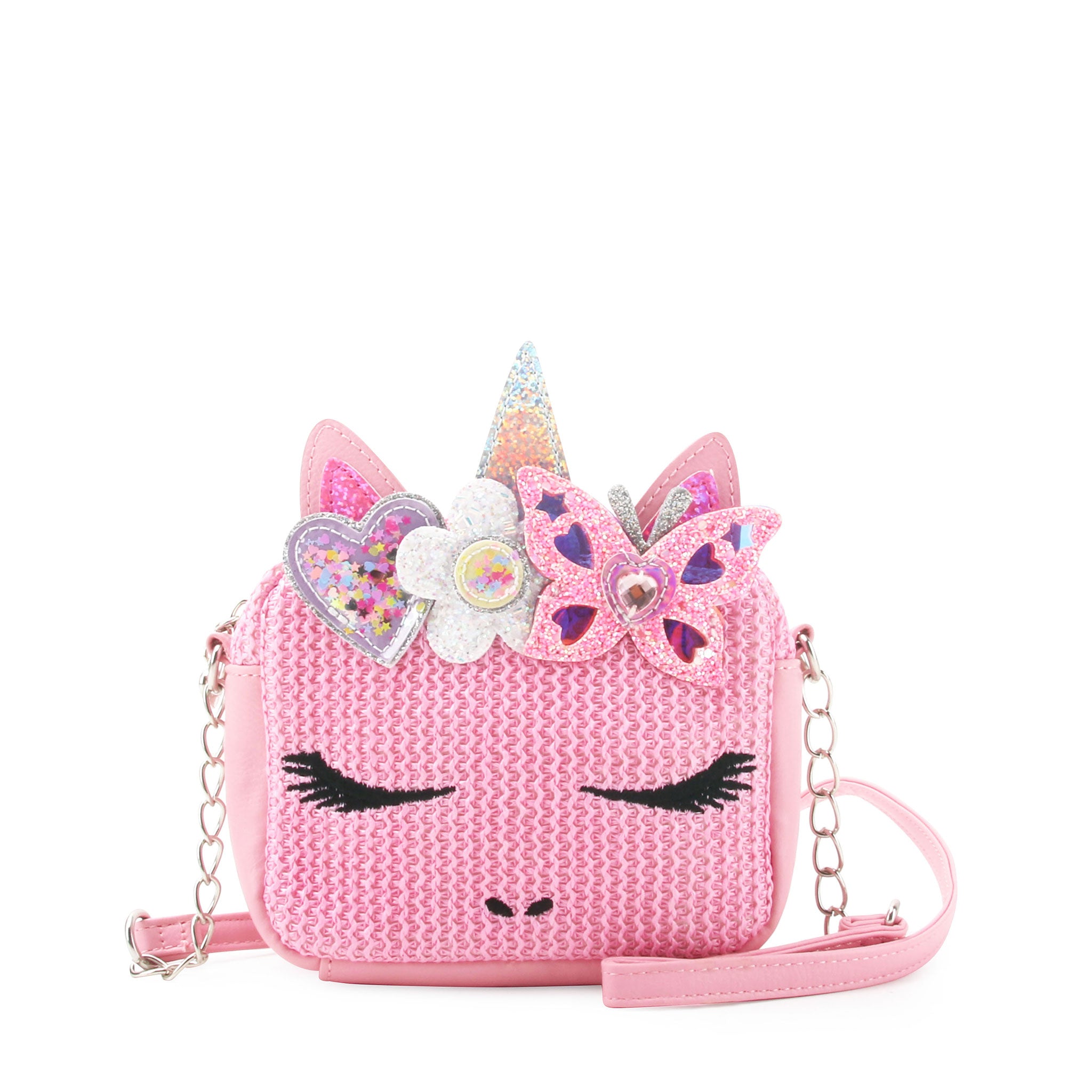 Front view of a pink straw unicorn crossbody bag with a glitter butterfly & flower crown