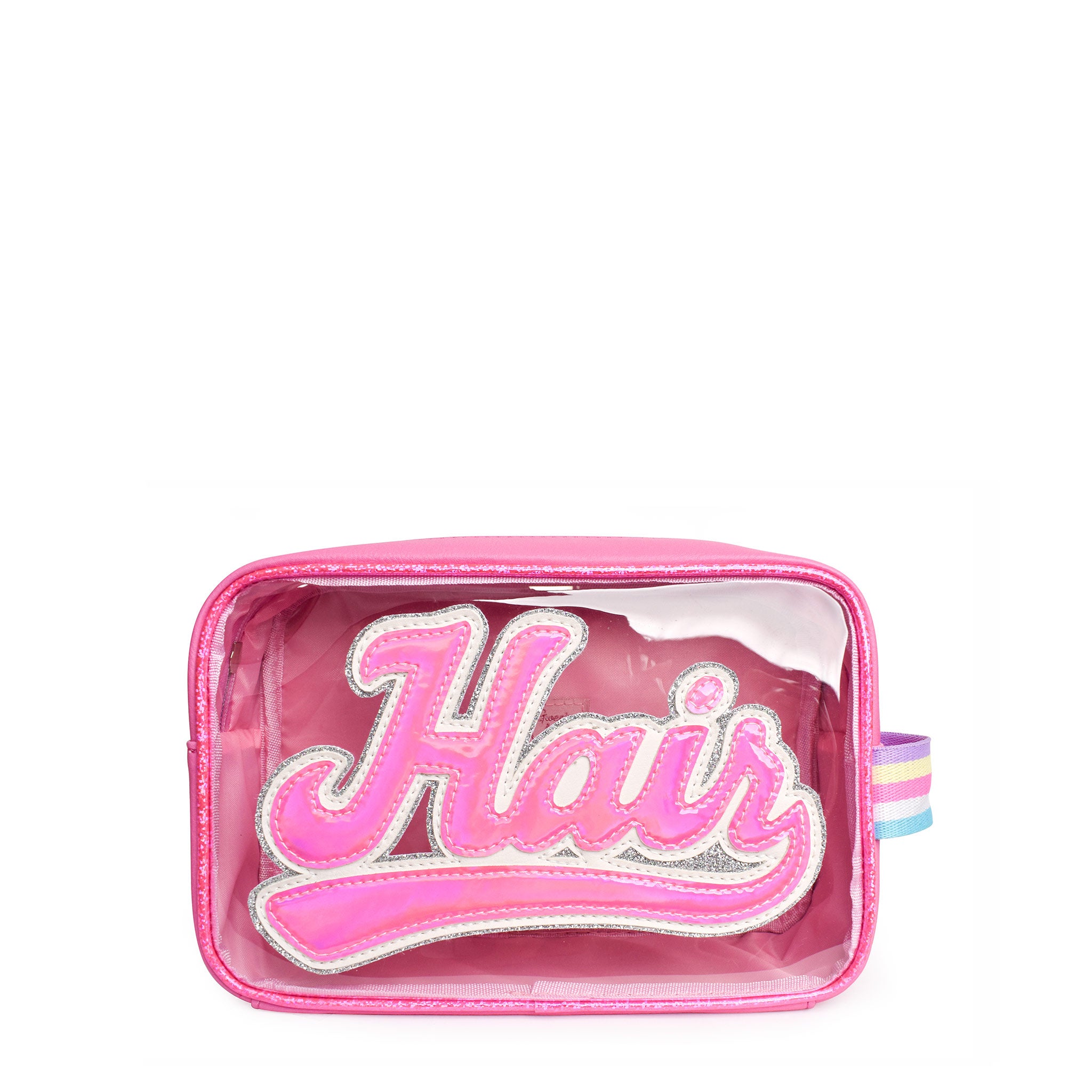 Front view of a pink clear pouch with pink metallic  varsity scripted letters 'HAIR' 